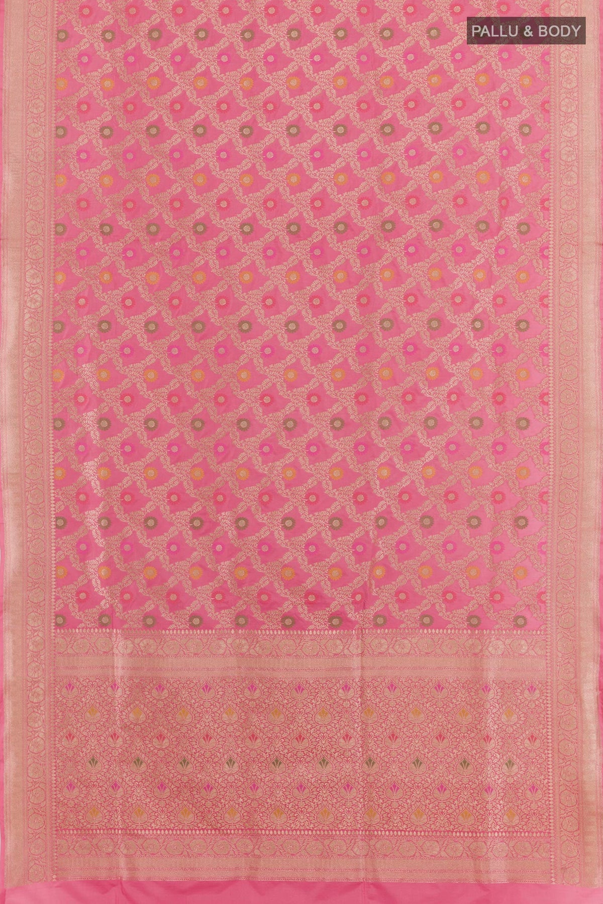 Flat view of Pink Banarasi Silk Saree with Zari Brocade on the body and Zari Border. 