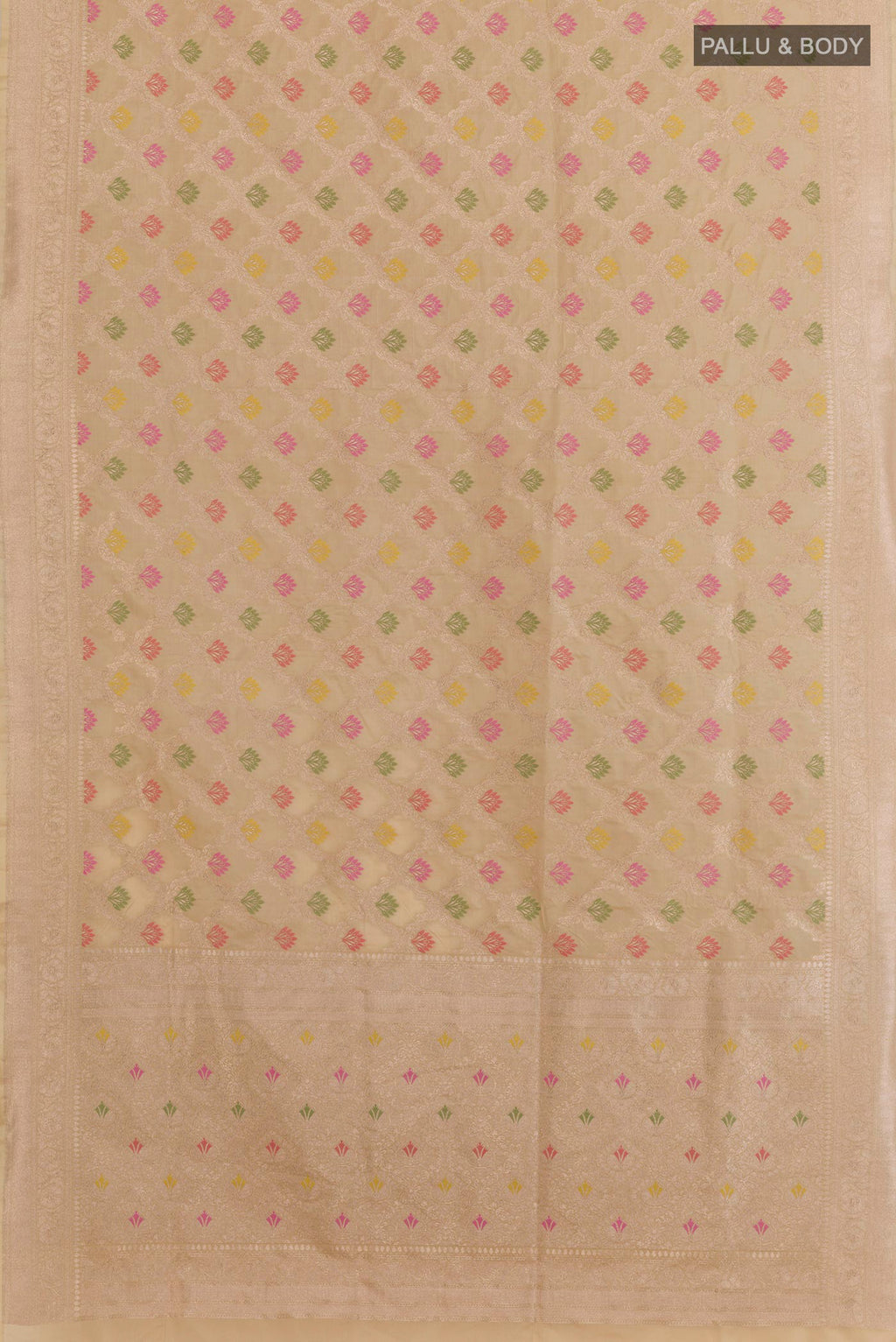 Flat view of Beige Banarasi Silk Saree with Zari Brocade on the body and Zari Border. 
