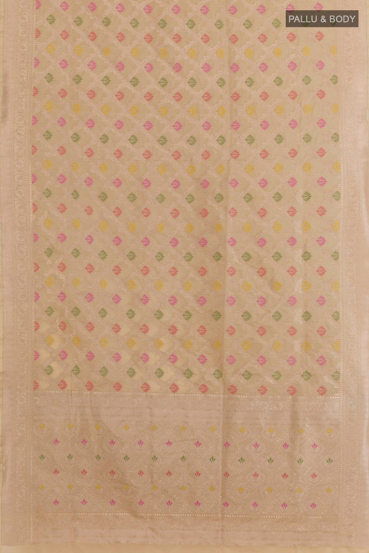 Flat view of Beige Banarasi Silk Saree with Zari Brocade on the body and Zari Border. 