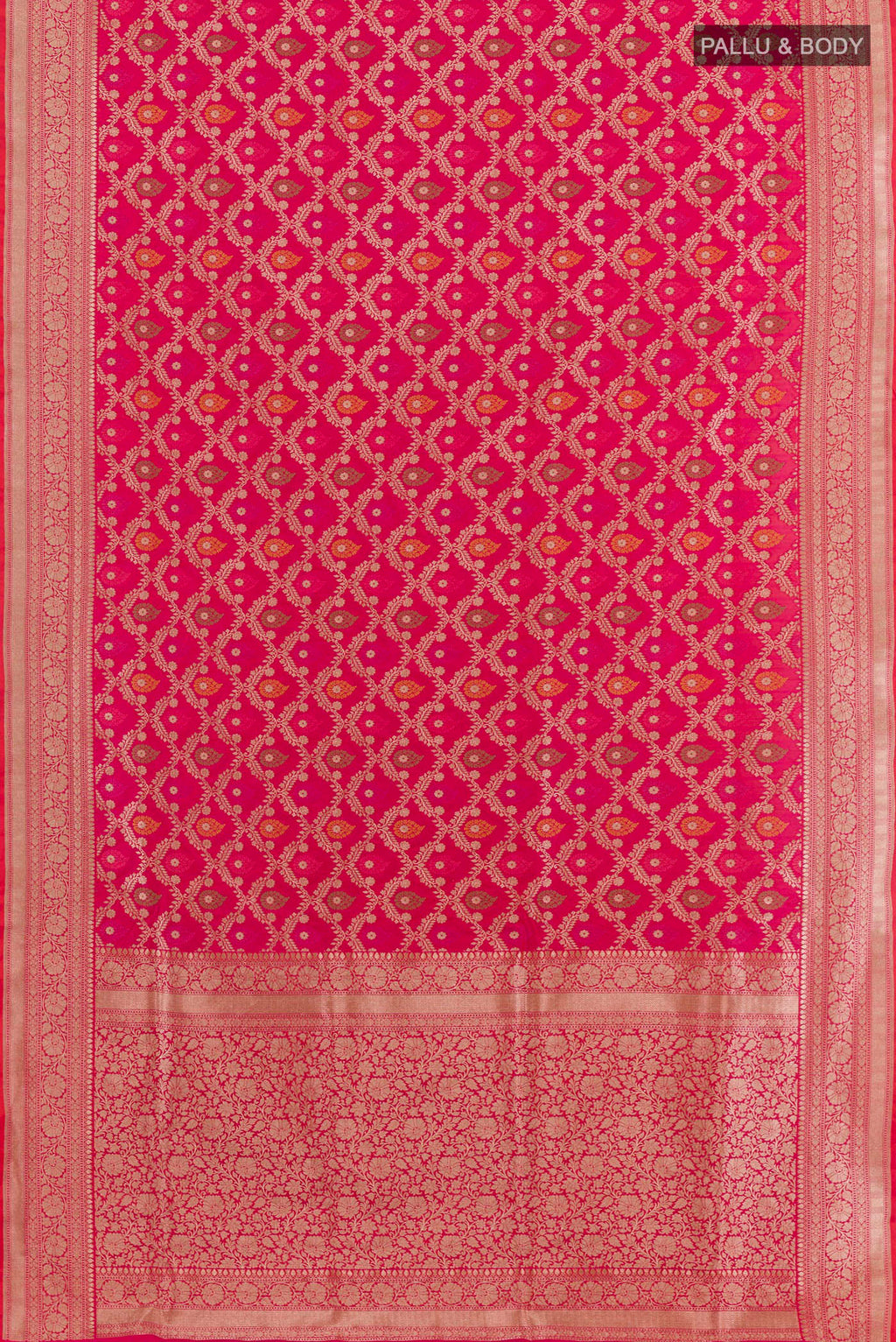 Flat view of Pink Banarasi Silk Saree with Zari Brocade on the body and Zari Border. 