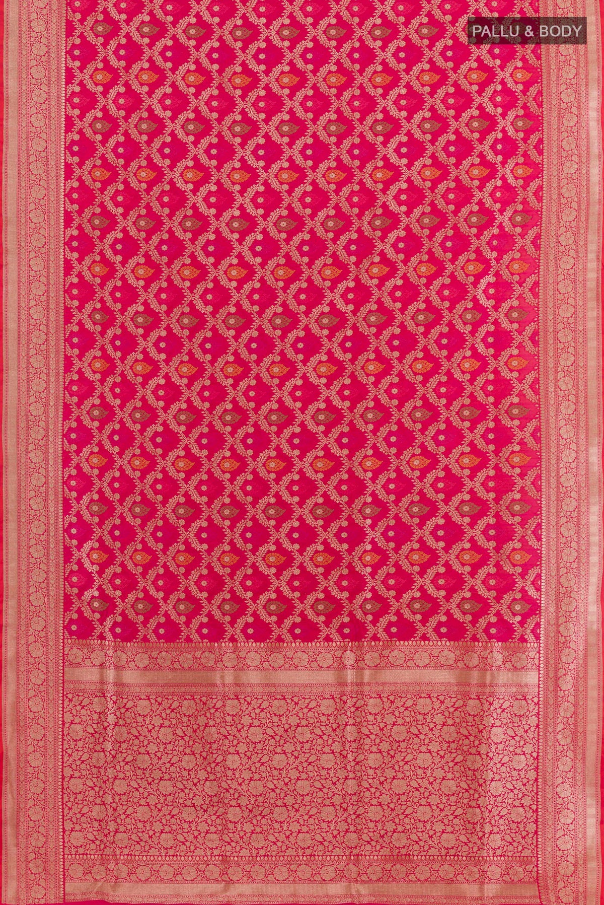 Flat view of Pink Banarasi Silk Saree with Zari Brocade on the body and Zari Border. 