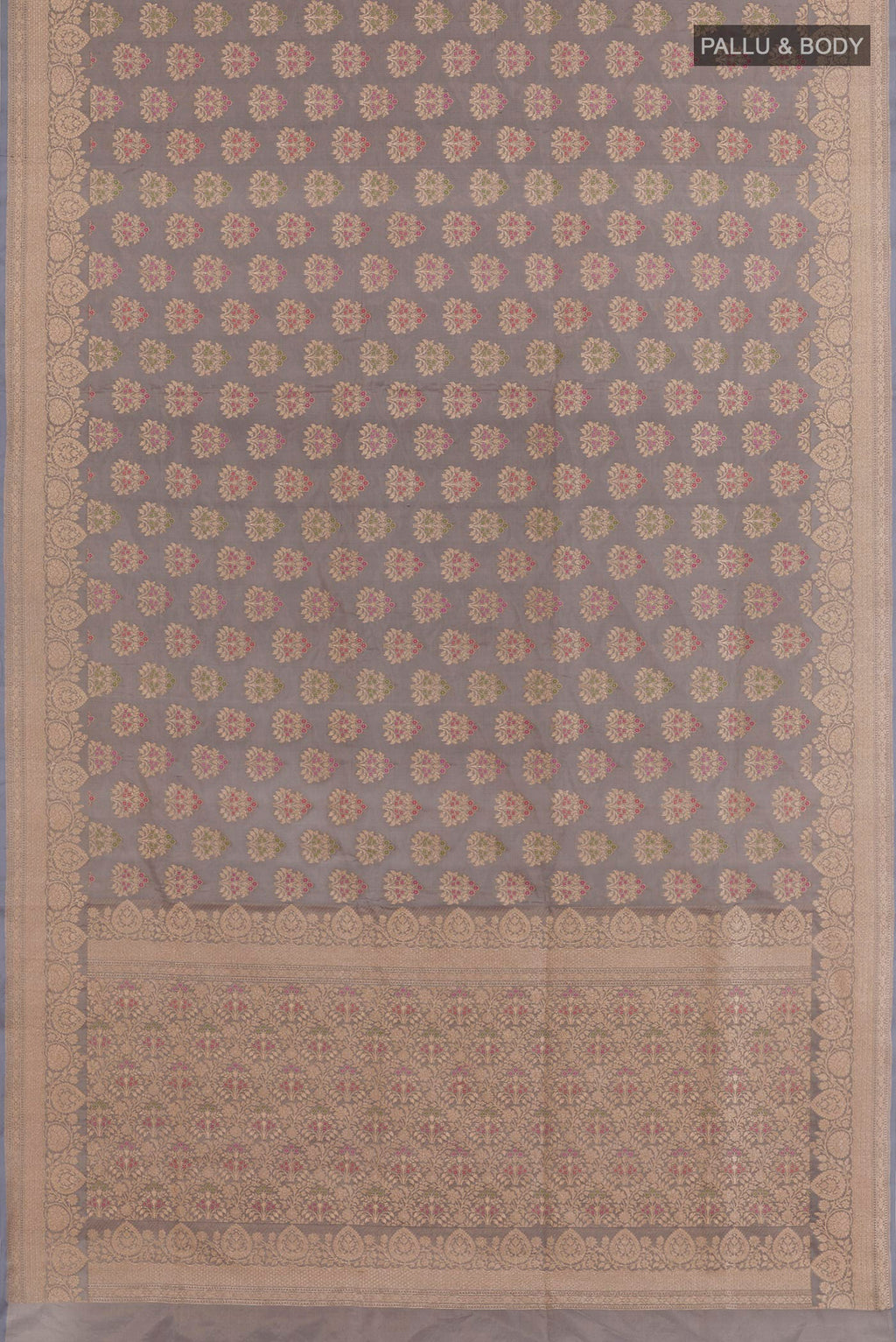 Flat view of Grey Banarasi Silk Saree with Zari Brocade on the body and Zari Border. 