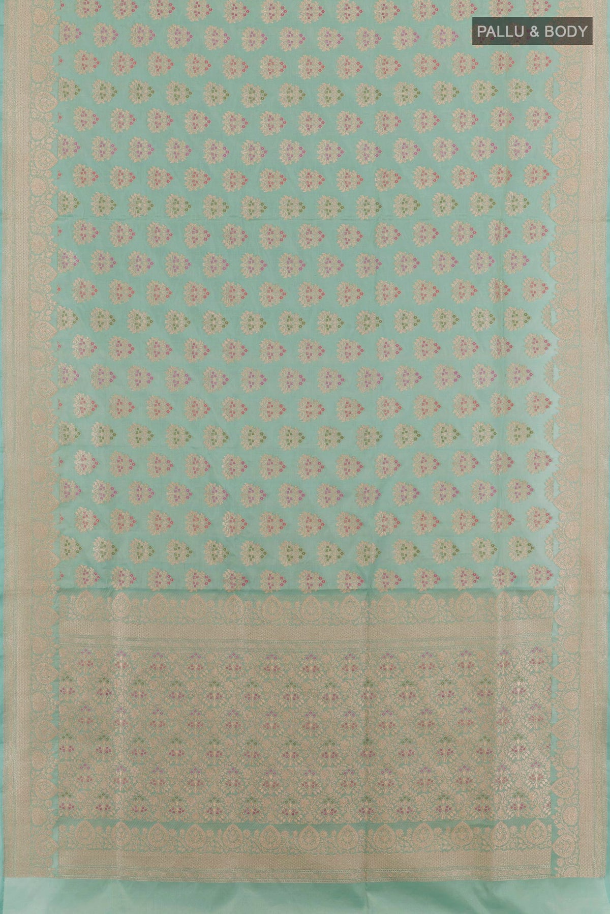 Flat view of Blue Banarasi Silk Saree with Zari Brocade on the body and Zari Border. 