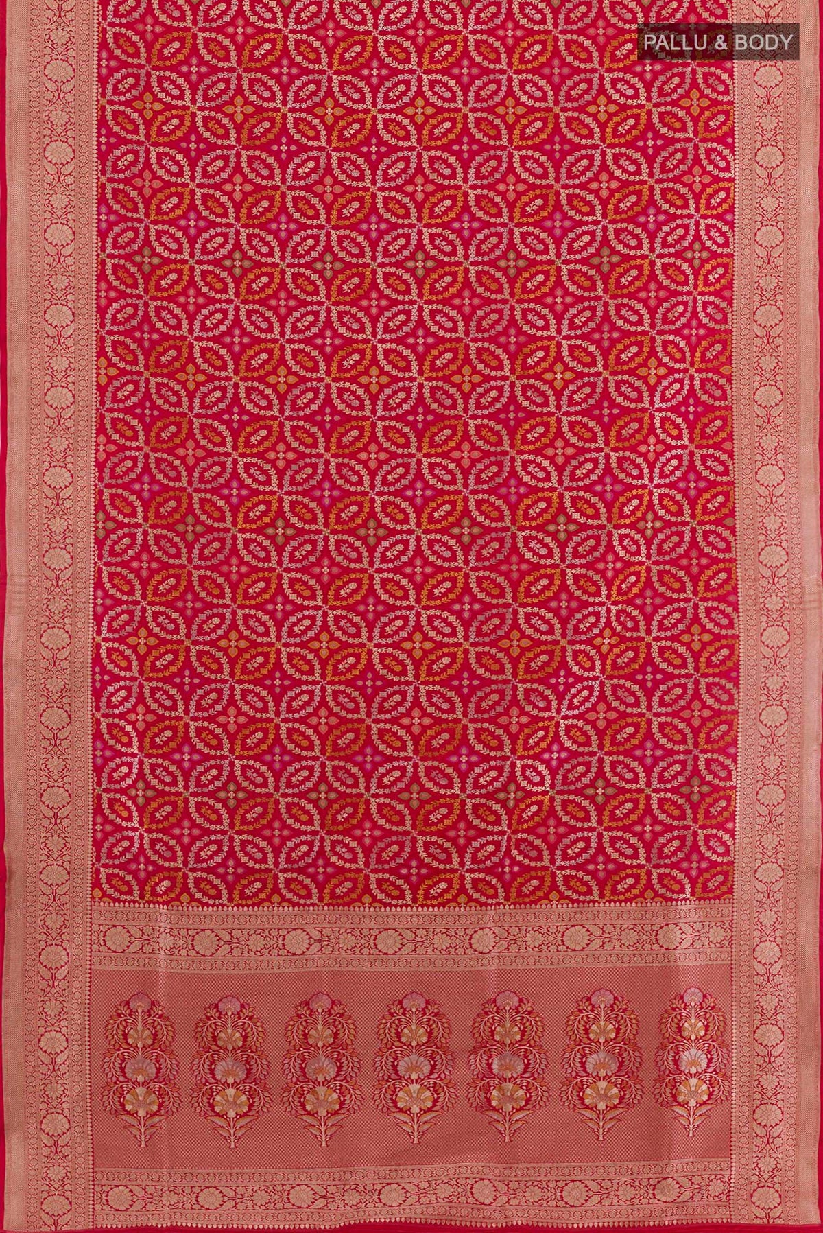 Flat view of Red Banarasi Silk Saree with Zari Brocade on the body and Zari Border. 