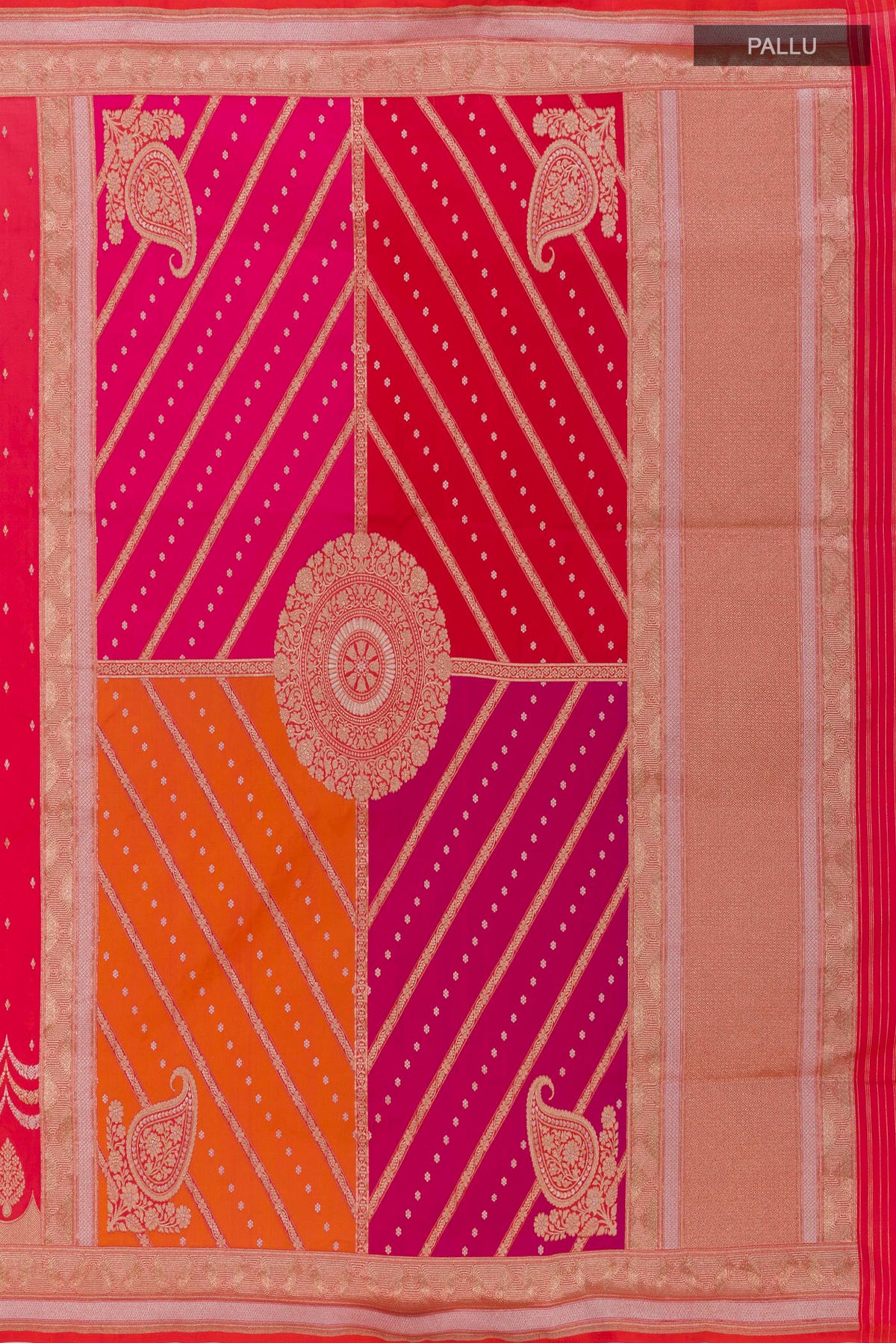 Close up image of the pallu of Pink with Orange Color Banarasi Silk Saree with Zari Butta on the body and Zari Border. 