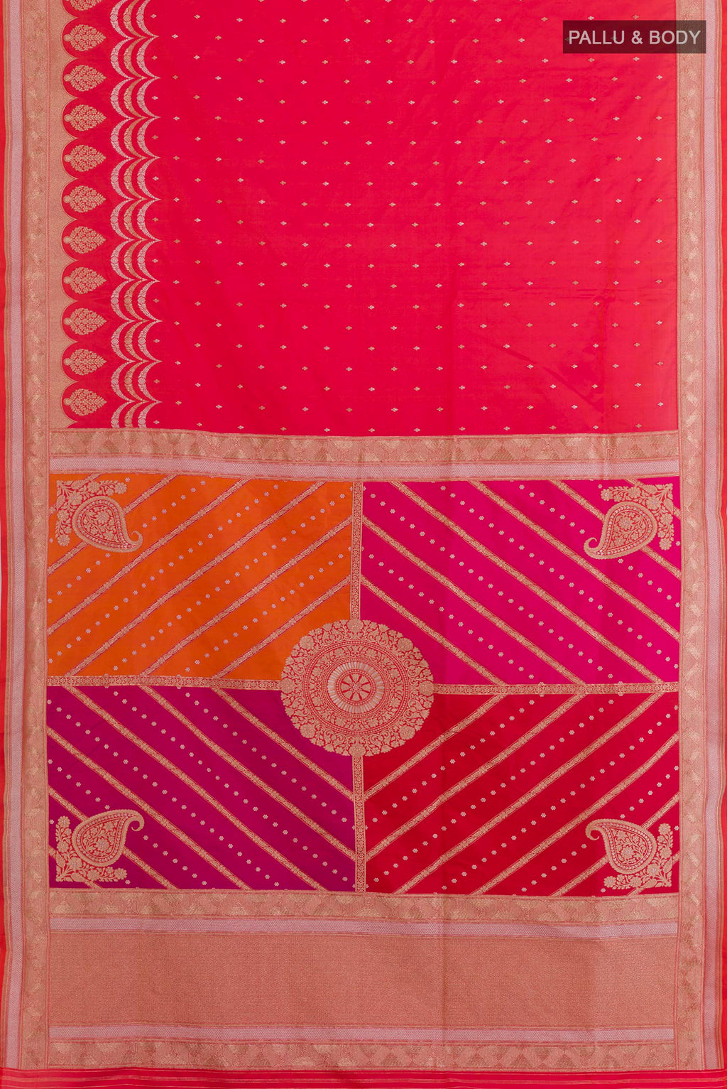 Flat view of Pink with Orange Color Banarasi Silk Saree with Zari Butta on the body and Zari Border. 