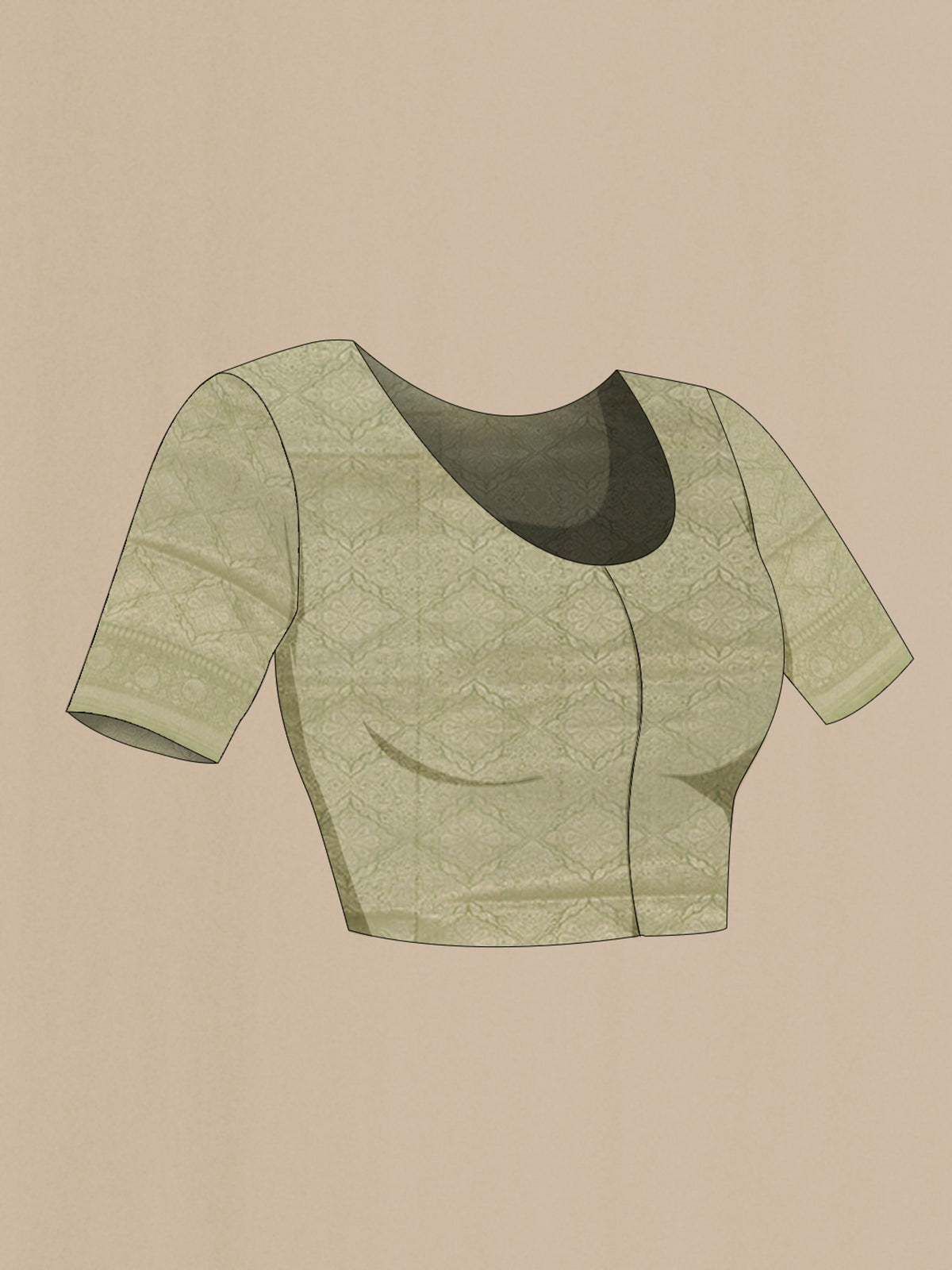 Close up image of the blouse of Sage Green Banarasi Silk Saree with Zari Brocade on the body and Zari Border. 