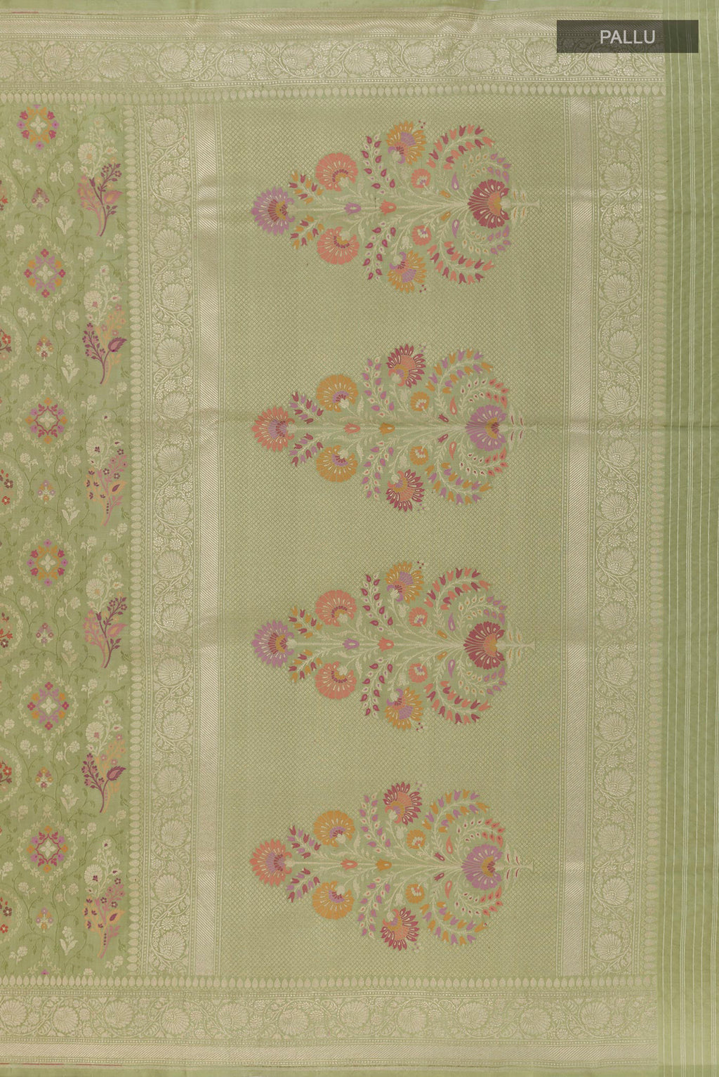 Close up image of the pallu of Sage Green Banarasi Silk Saree with Zari Brocade on the body and Zari Border. 