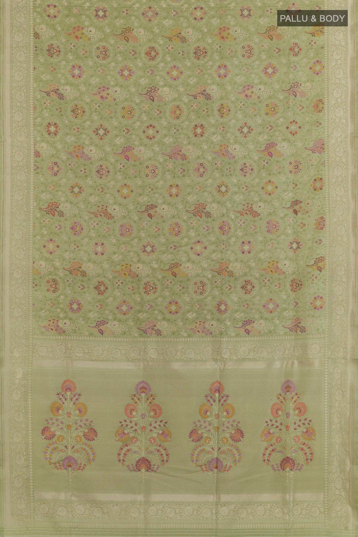 Flat view of Sage Green Banarasi Silk Saree with Zari Brocade on the body and Zari Border. 