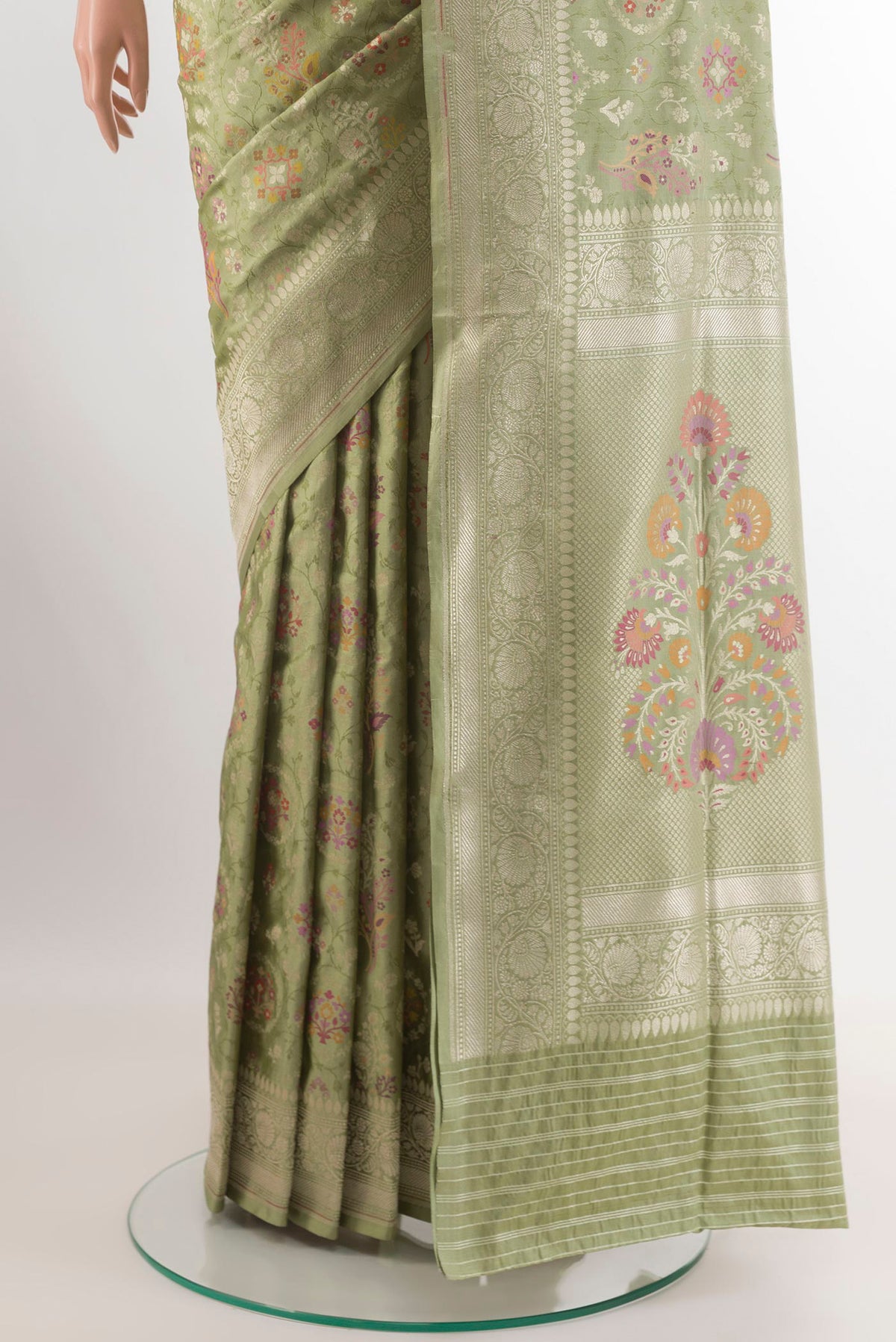 Pleats and pallu of Sage Green Banarasi Silk Saree with Zari Brocade on the body and Zari Border. 