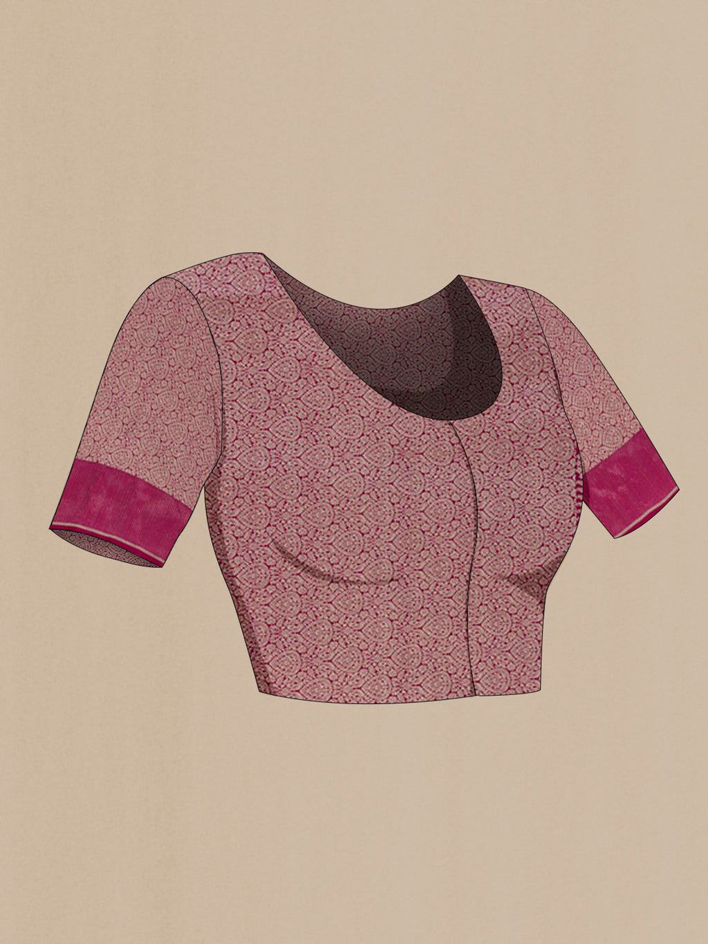 Close up image of the blouse of Magenta Banarasi Silk Saree with Zari Brocade on the body and Zari Border. 