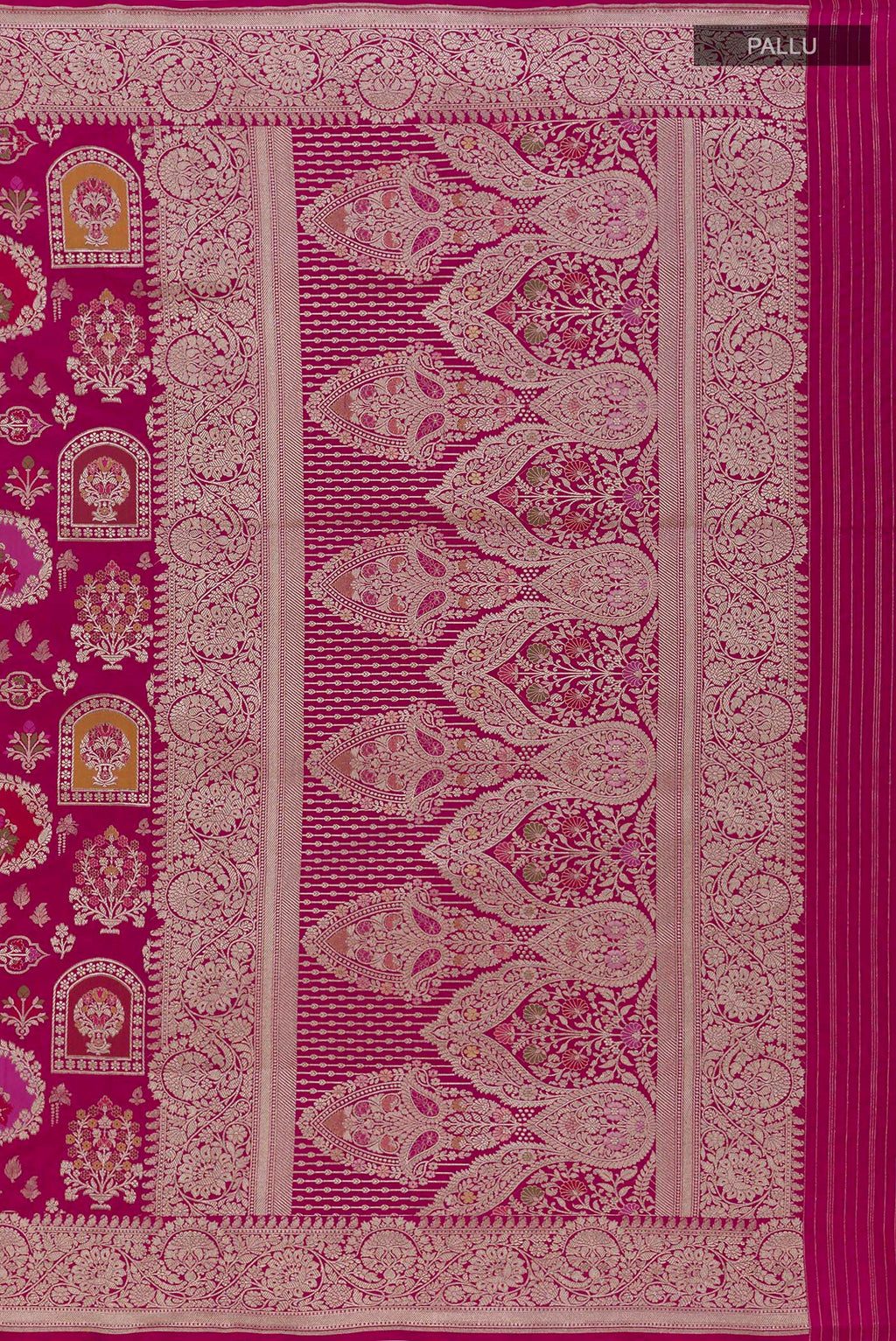 Close up image of the pallu of Magenta Banarasi Silk Saree with Zari Brocade on the body and Zari Border. 