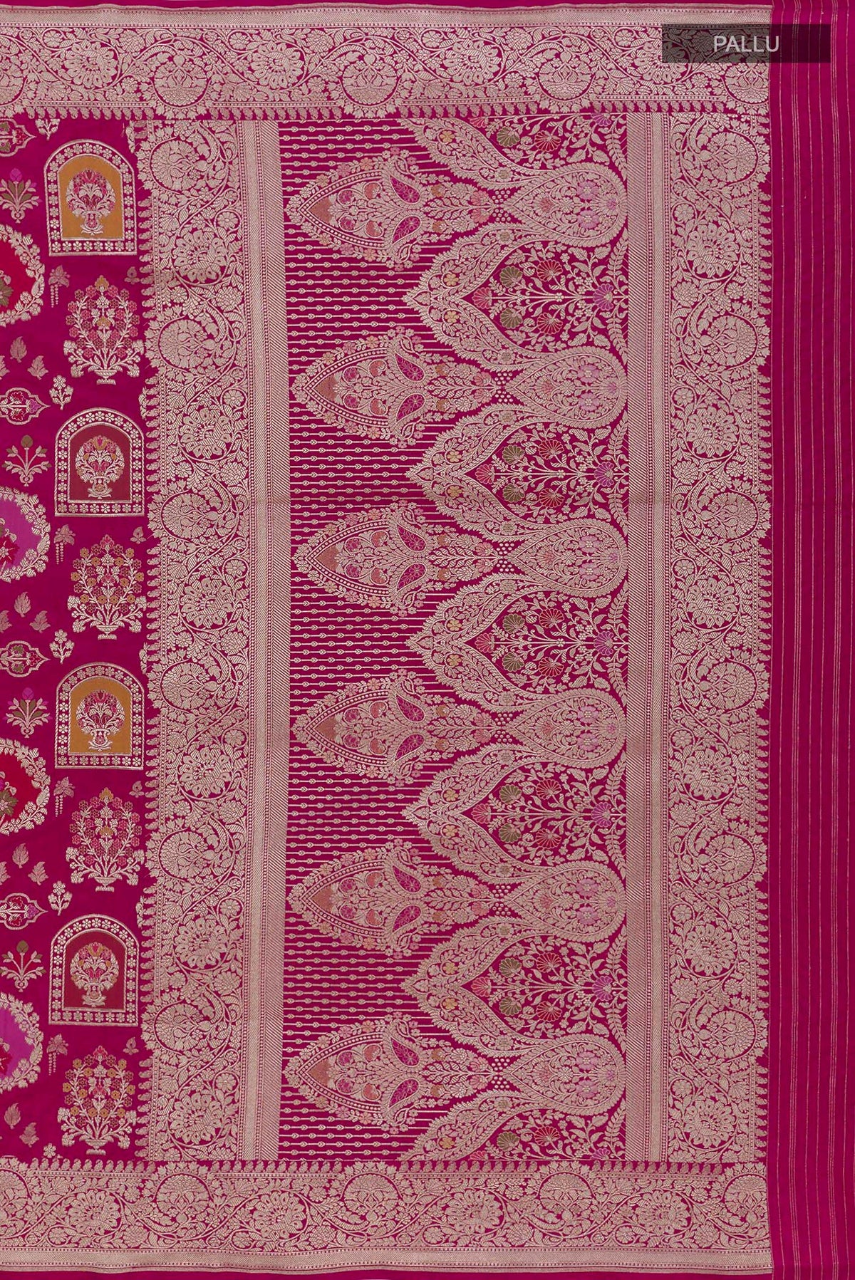 Close up image of the pallu of Magenta Banarasi Silk Saree with Zari Brocade on the body and Zari Border. 