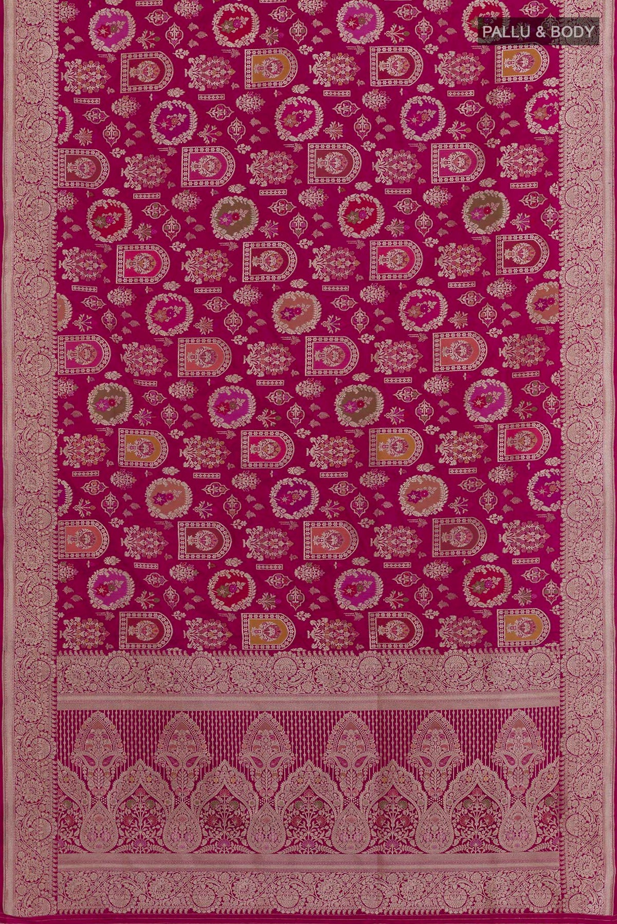 Flat view of Magenta Banarasi Silk Saree with Zari Brocade on the body and Zari Border. 