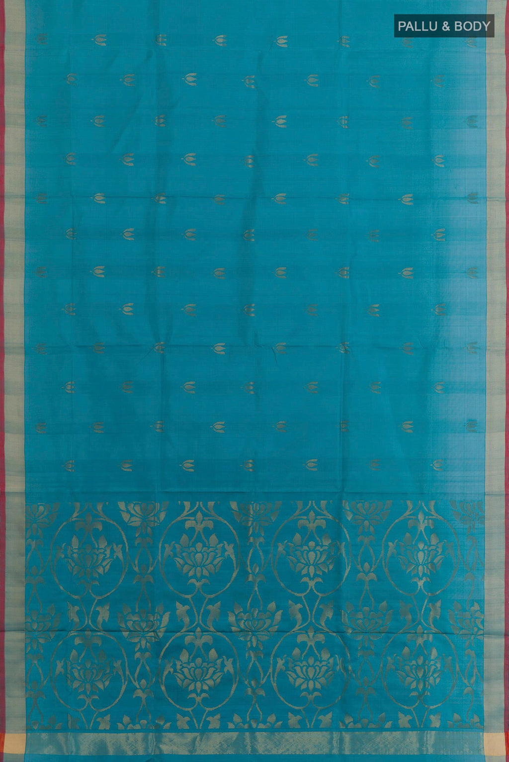 Flat view of Blue Uppada Silk Saree with Zari Butta on the body and Zari Border. 