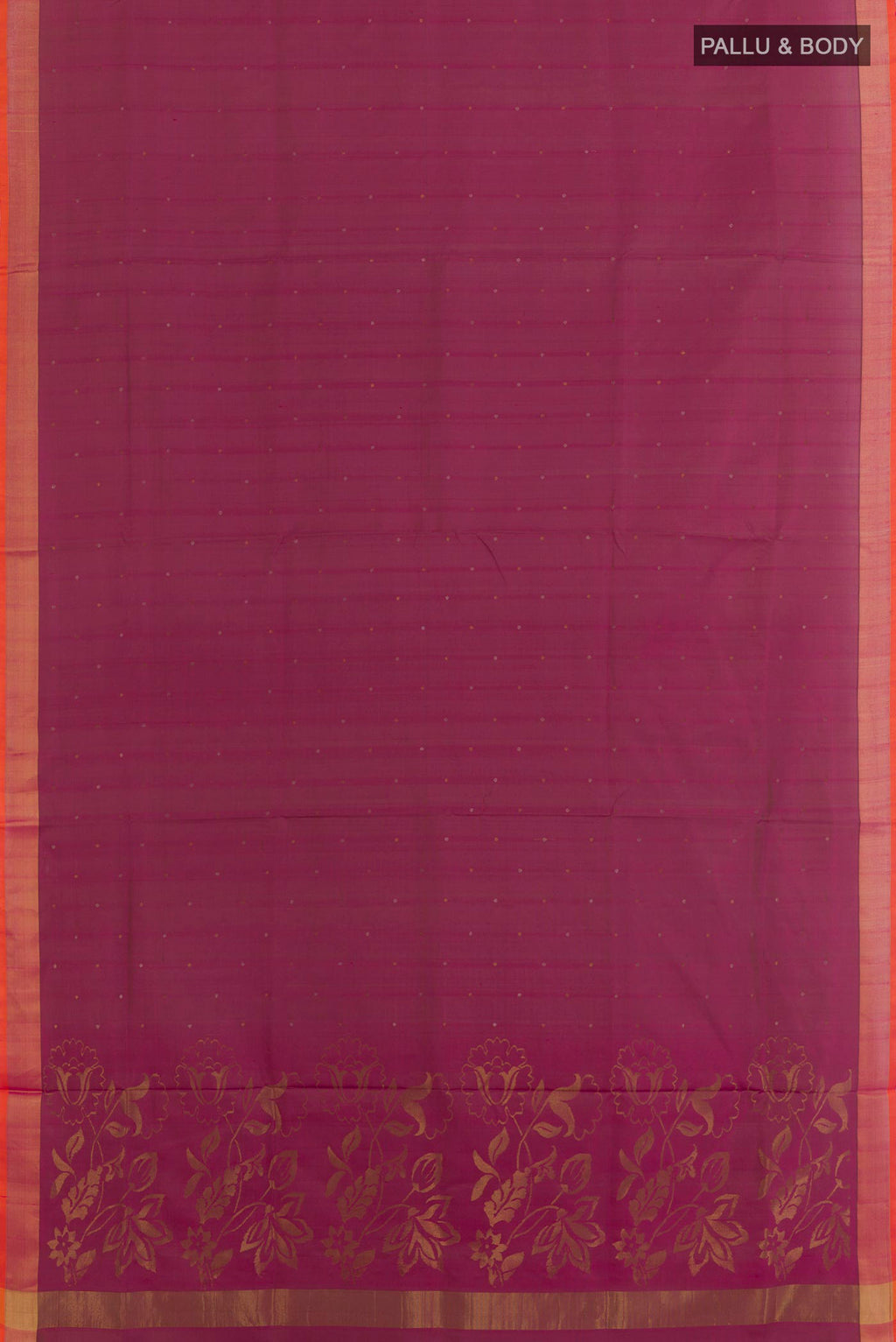 Flat view of Magenta Uppada Silk Saree with Zari Butta on the body and Zari Border. 