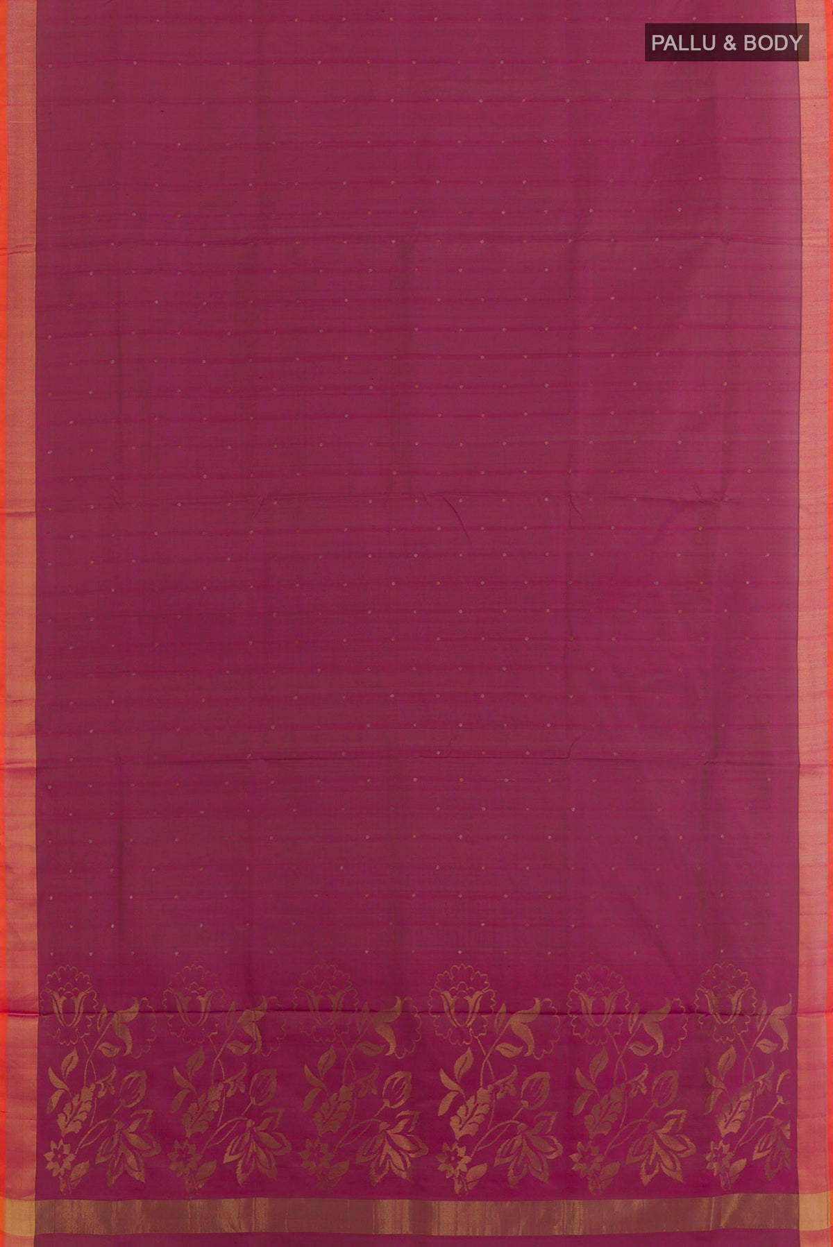 Flat view of Magenta Uppada Silk Saree with Zari Butta on the body and Zari Border. 