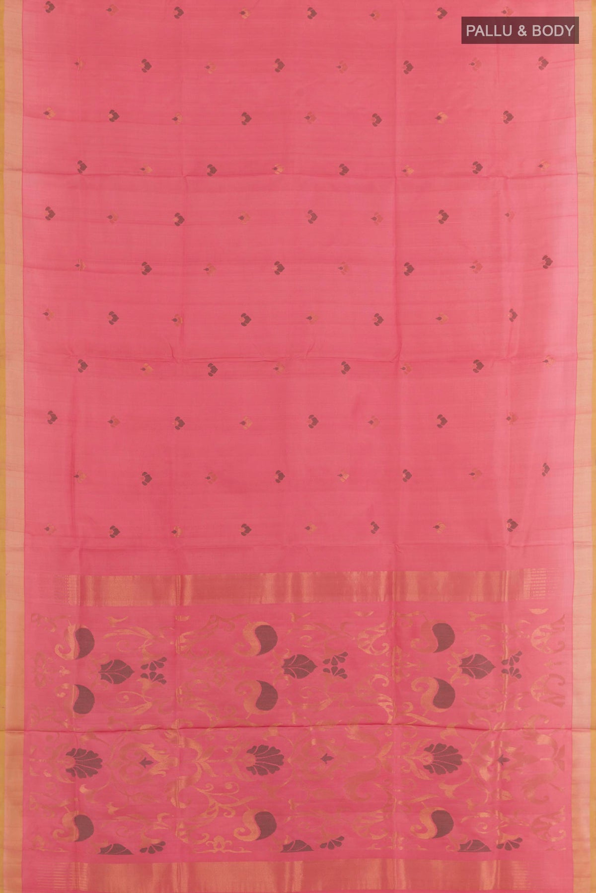 Flat view of Pink Uppada Silk Saree with Zari Butta on the body and Zari Border. 