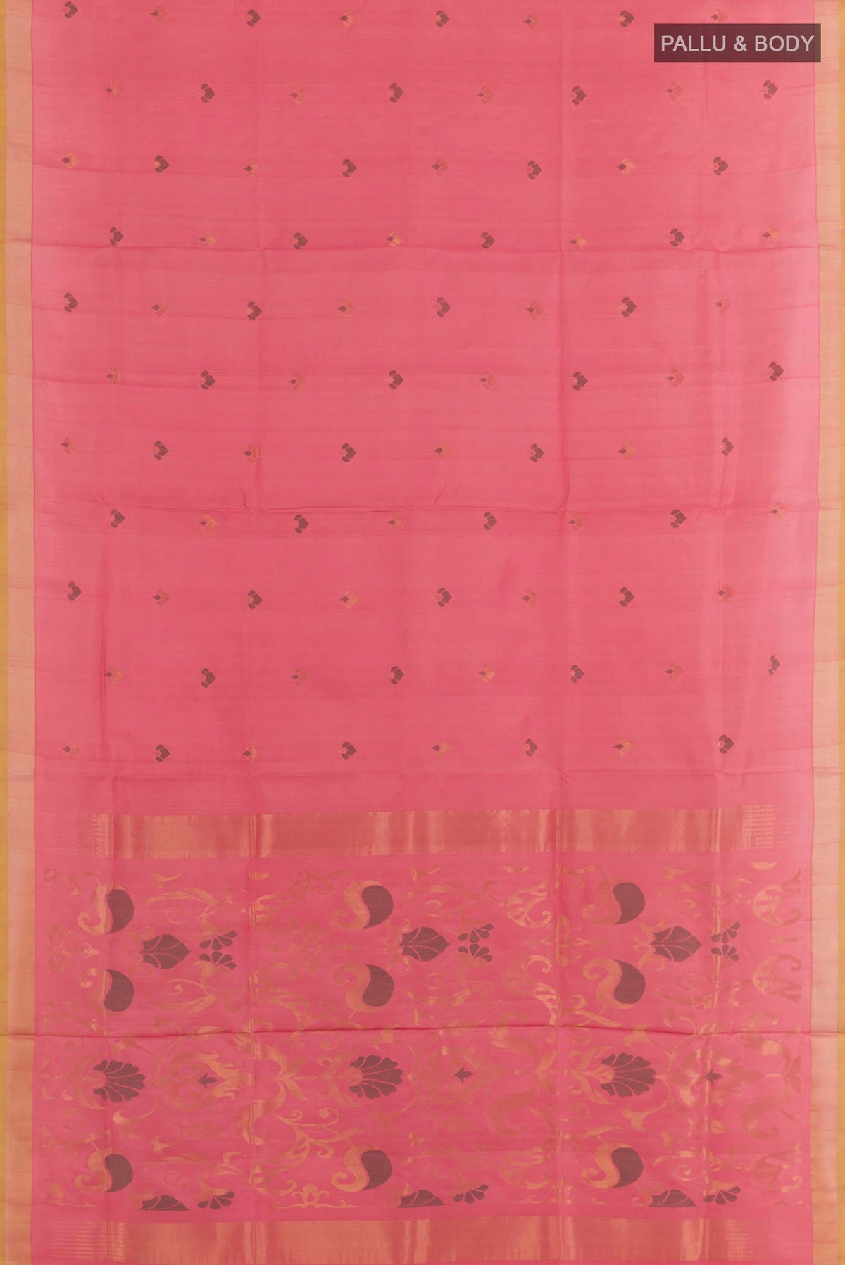 Flat view of Pink Uppada Silk Saree with Zari Butta on the body and Zari Border. 