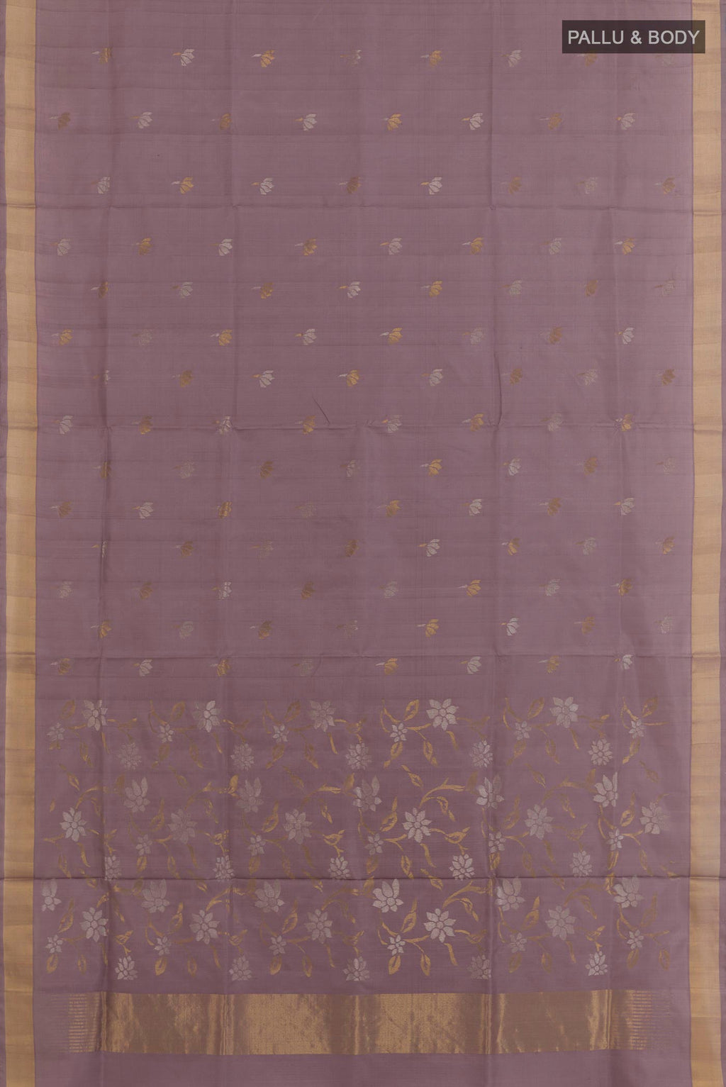 Flat view of Lavender Uppada Silk Saree with Zari Butta on the body and Zari Border. 