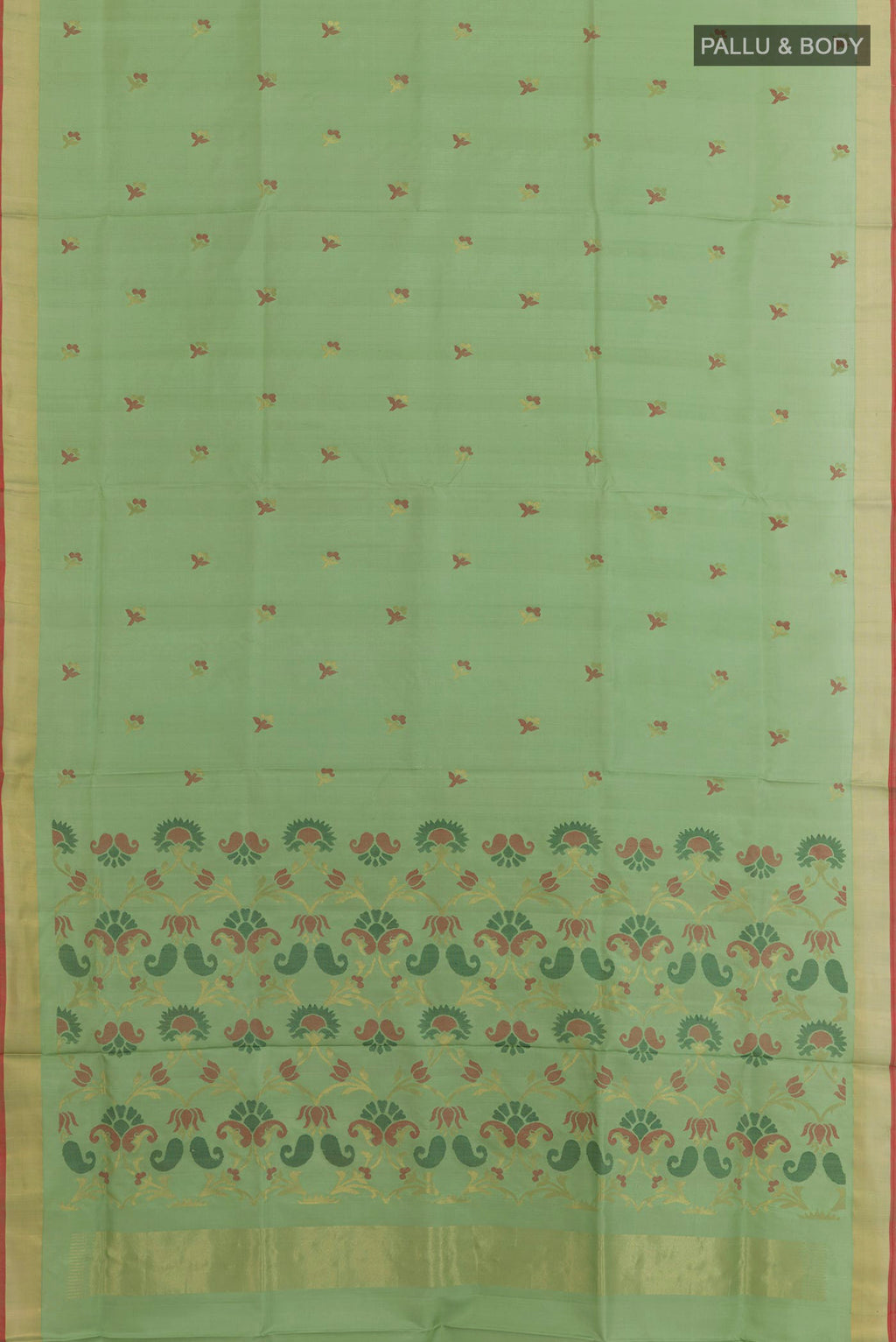 Flat view of Sage Green Uppada Silk Saree with Zari Butta on the body and Zari Border. 