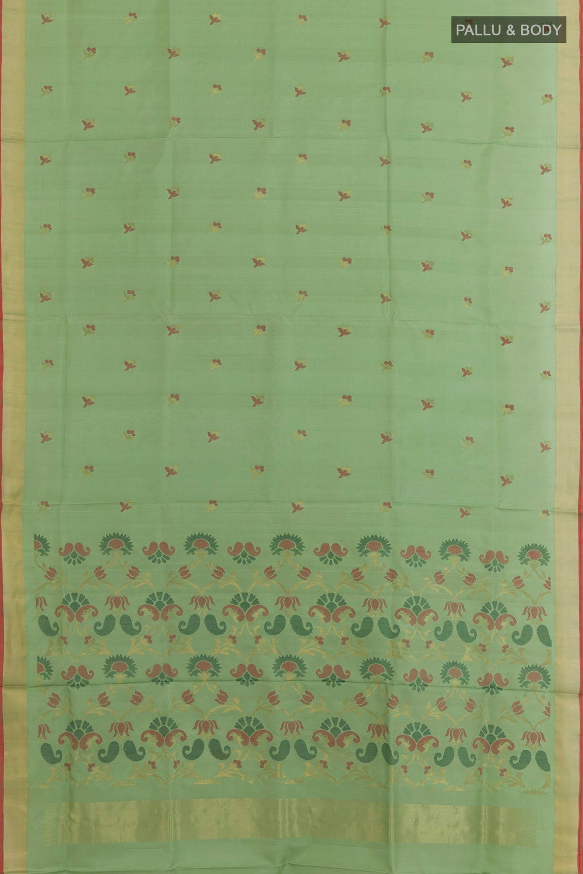 Flat view of Green Uppada Silk Saree with Zari Butta on the body and Zari Border. 
