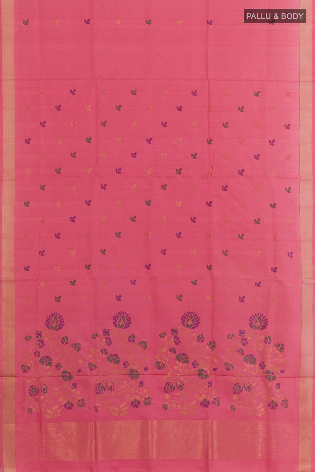 Flat view of Pink Uppada Silk Saree with Zari Butta on the body and Zari Border. 