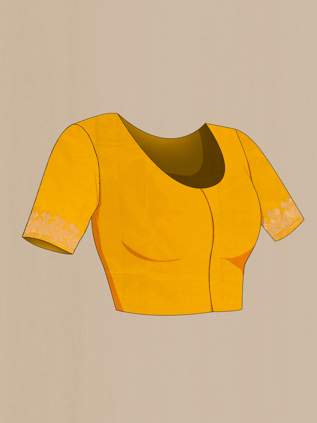 Close up image of the blouse of Yellow Banarasi Katan Silk Saree with Zari Butta on the body and Zari Border. 