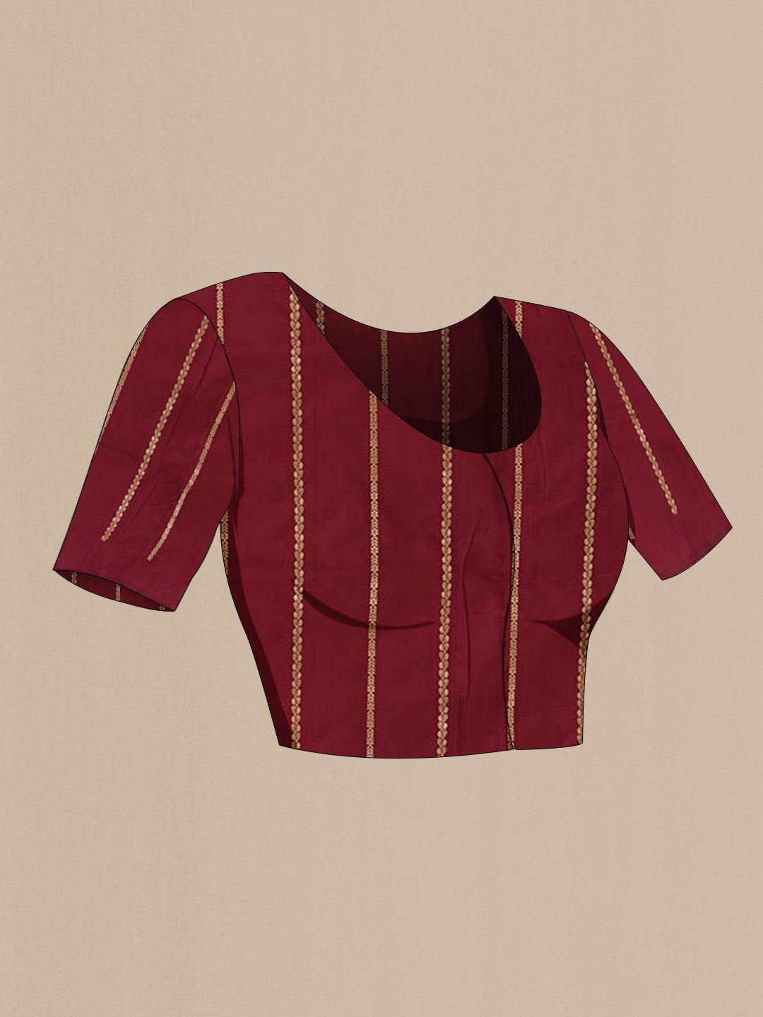 Close up image of the blouse of Maroon Banarasi Silk Saree with Zari Butta on the body and Zari Border. 