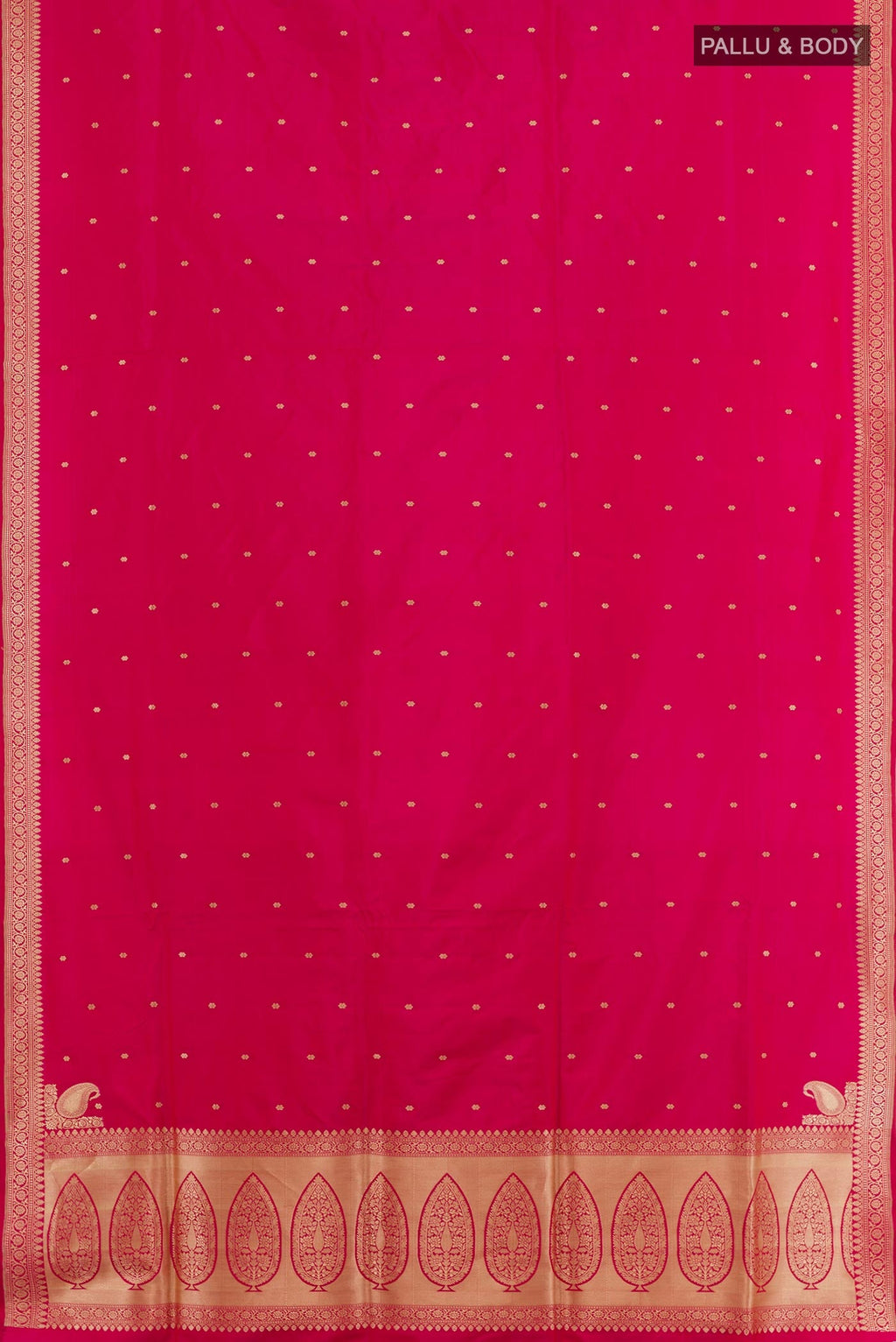 Flat view of Pink Banarasi Silk Saree with Zari Butta on the body and Zari Border. 