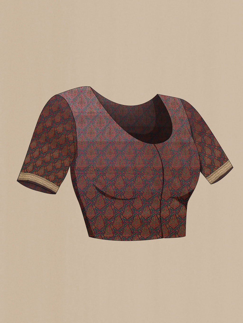 Close up image of the blouse of Multi Color Banarasi Silk Saree with Stripes on the body and Zari Border. 