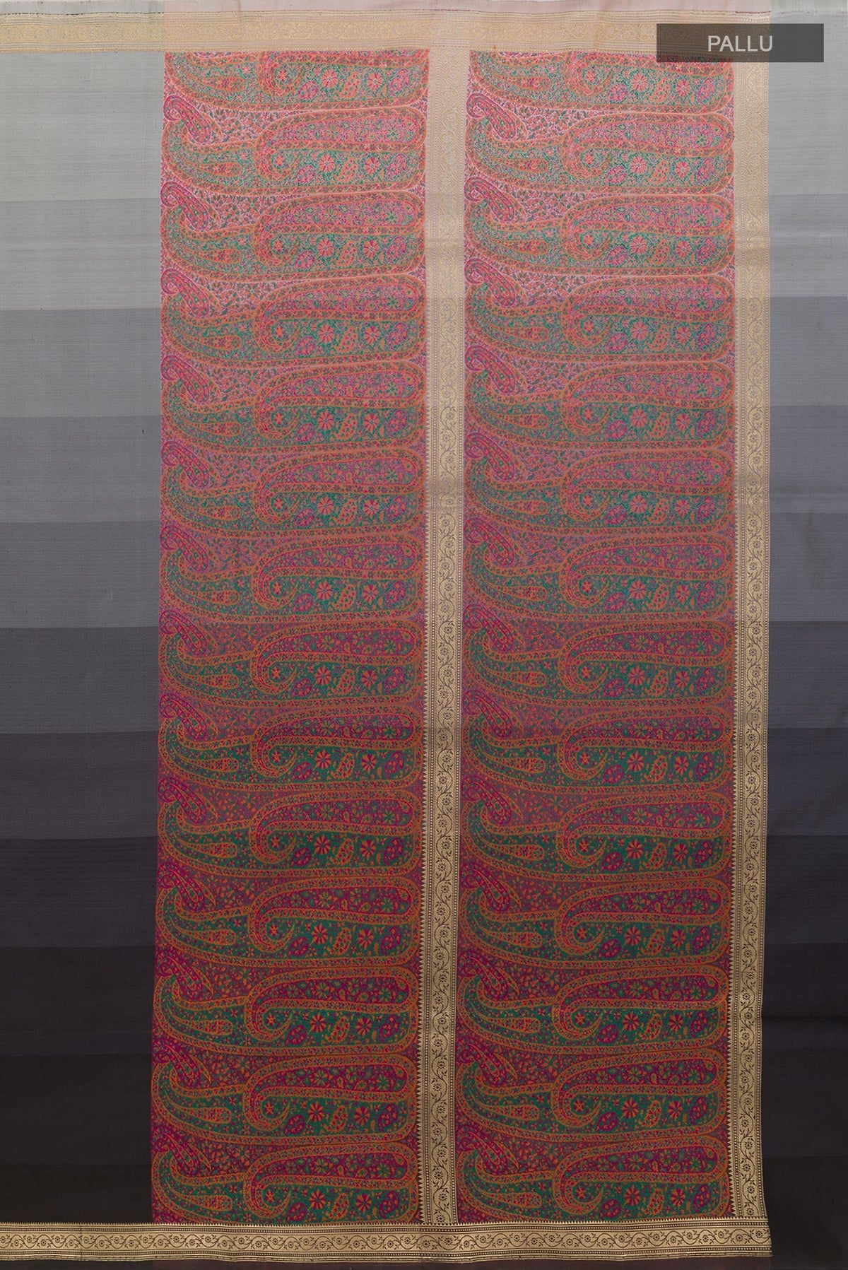 Close up image of the pallu of Multi Color Banarasi Silk Saree with Stripes on the body and Zari Border. 