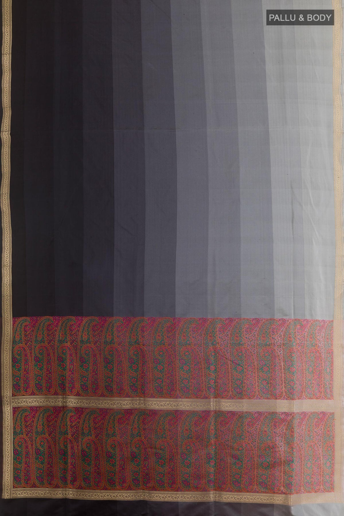 Flat view of Multi Color Banarasi Silk Saree with Stripes on the body and Zari Border. 