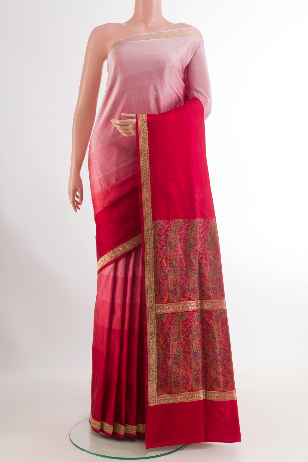 Multi Color Banarasi Silk Saree with Stripes on the body and Zari Border.  displayed on a mannequin