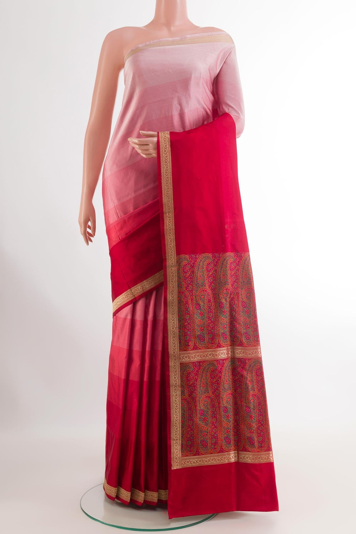 Multi Color Banarasi Silk Saree with Stripes on the body and Zari Border.  displayed on a mannequin