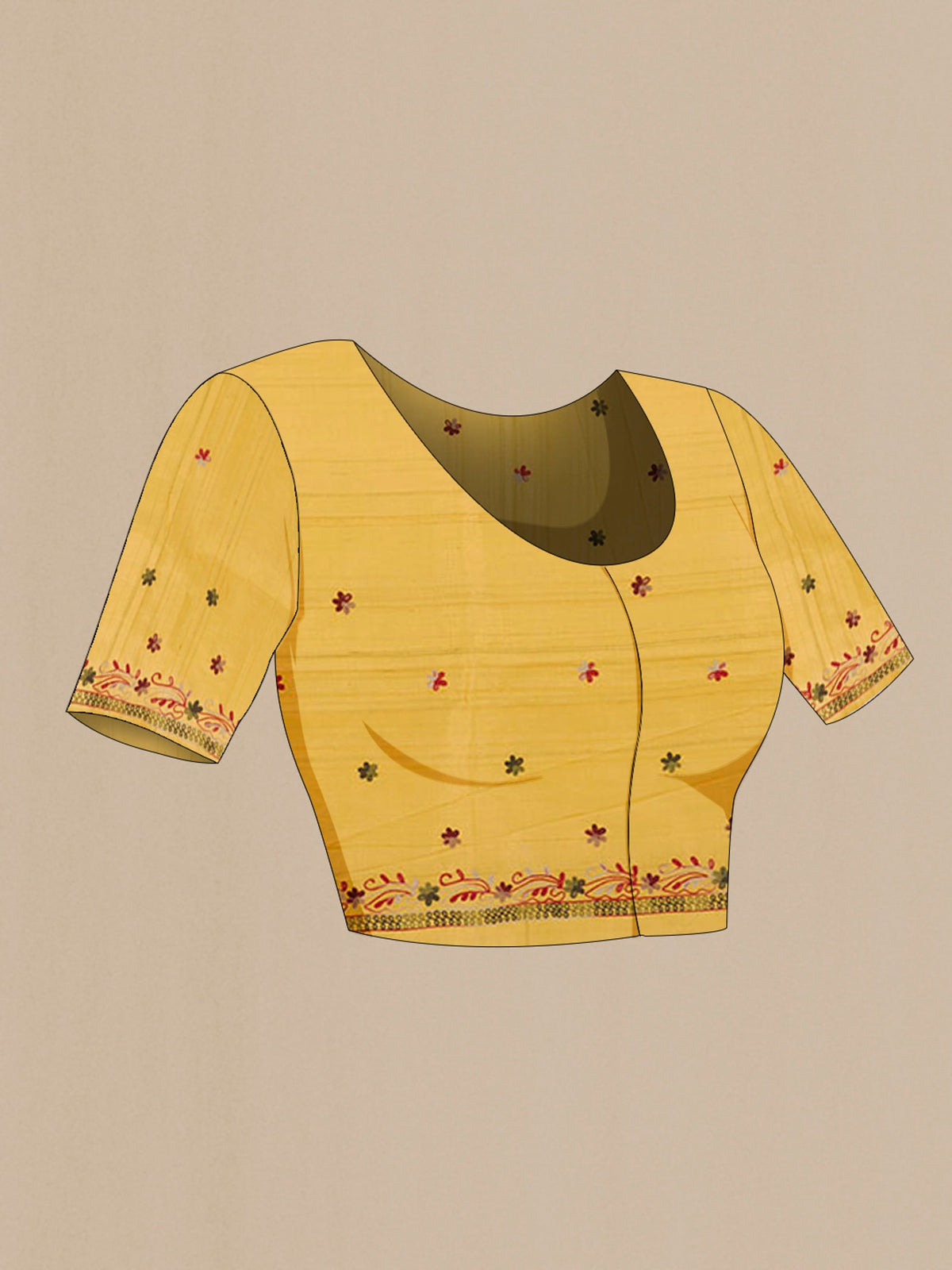 Close up image of the blouse of Yellow Tussar Saree with Embroidery on the body and Embroidery Border. 