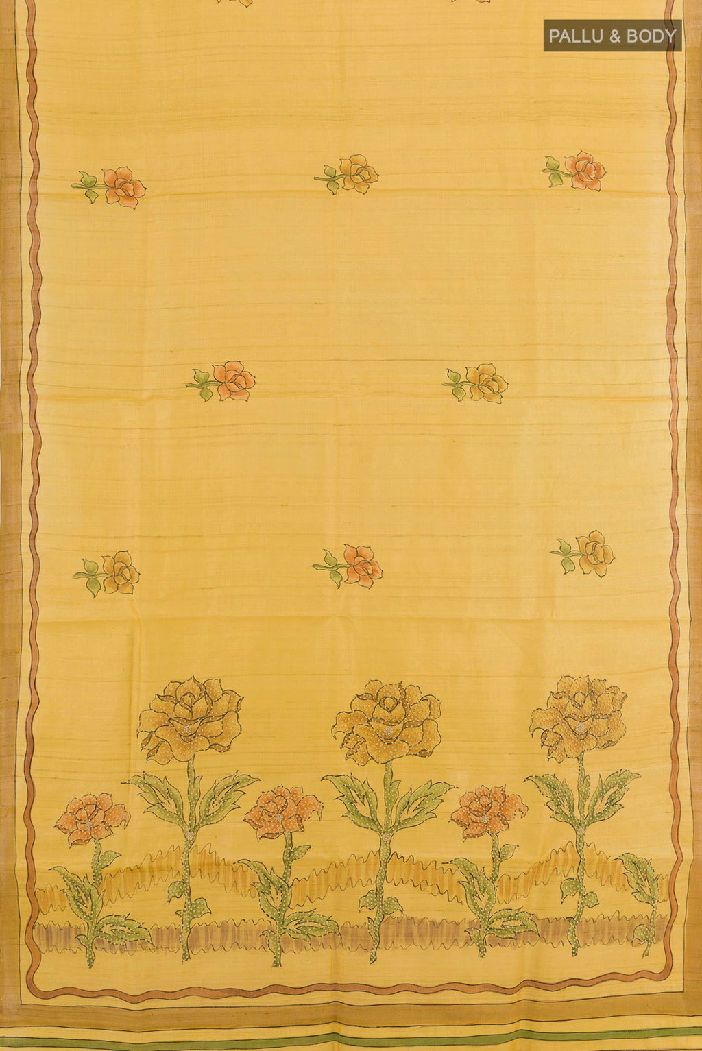 Flat view of Yellow Tussar Saree with Printed design on the body and Printed Border. 