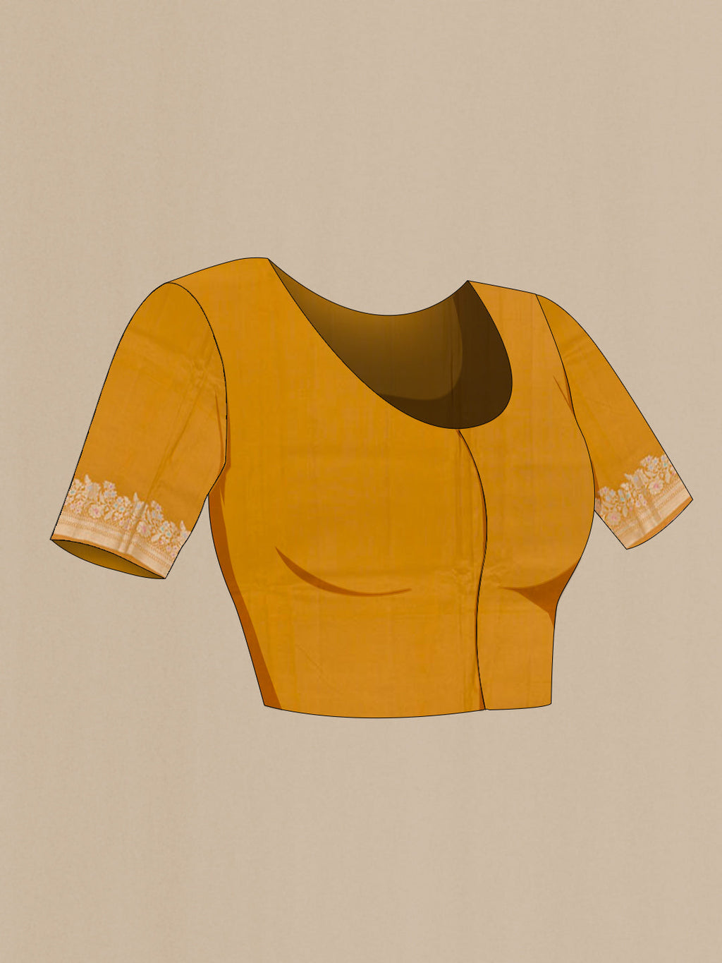 Close up image of the blouse of Mustard Tussar Silk Saree with Zari Butta on the body and Zari Border. 