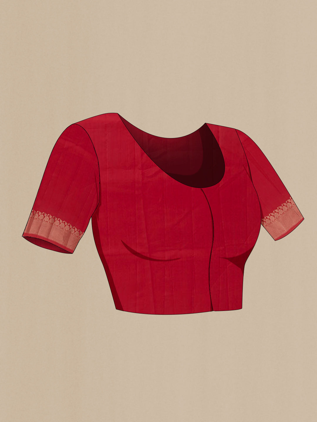 Close up image of the blouse of Red Tussar Silk Saree with Zari Butta on the body and Zari Border. 