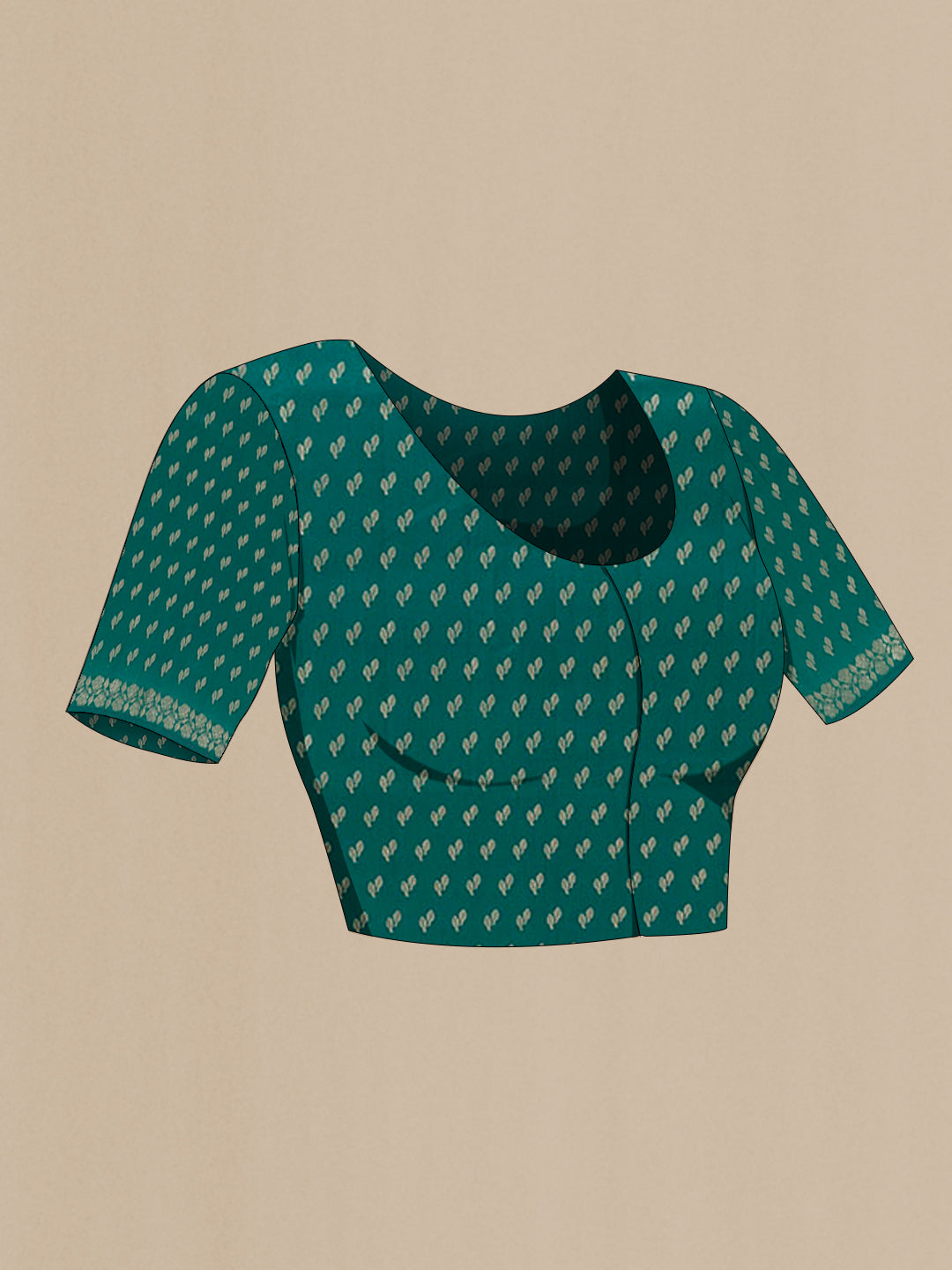 Close up image of the blouse of Sea Green Tussar Silk Saree with Zari Butta on the body and Zari Border. 