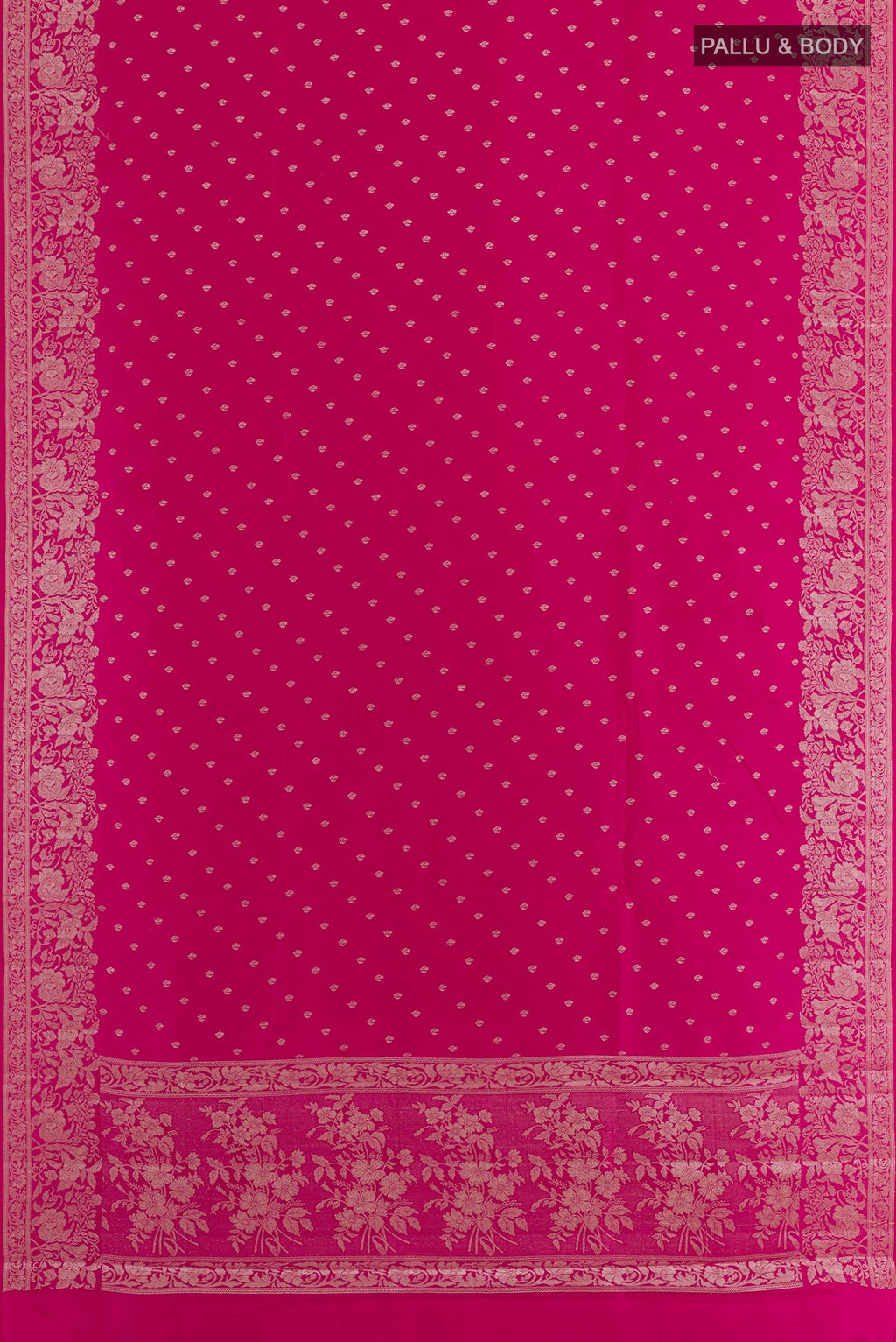 Flat view of Pink Tussar Silk Saree with Zari Butta on the body and Zari Border. 