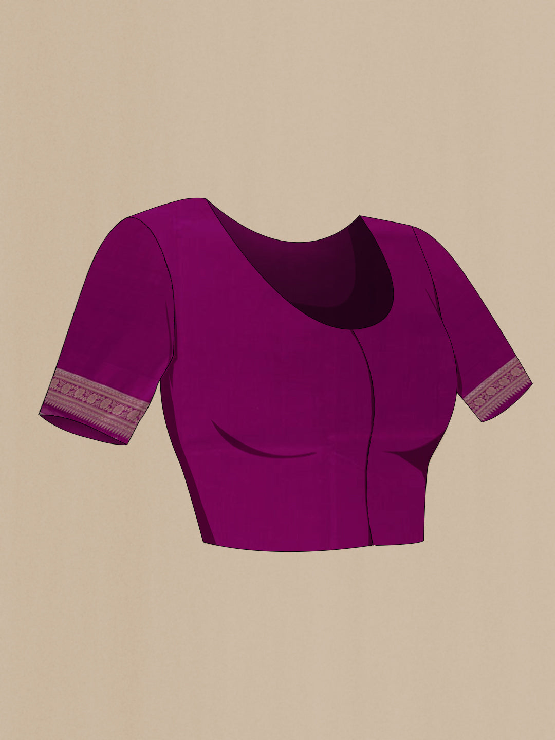 Close up image of the blouse of Purple Tussar Silk Saree with Zari Butta on the body and Zari Border. 