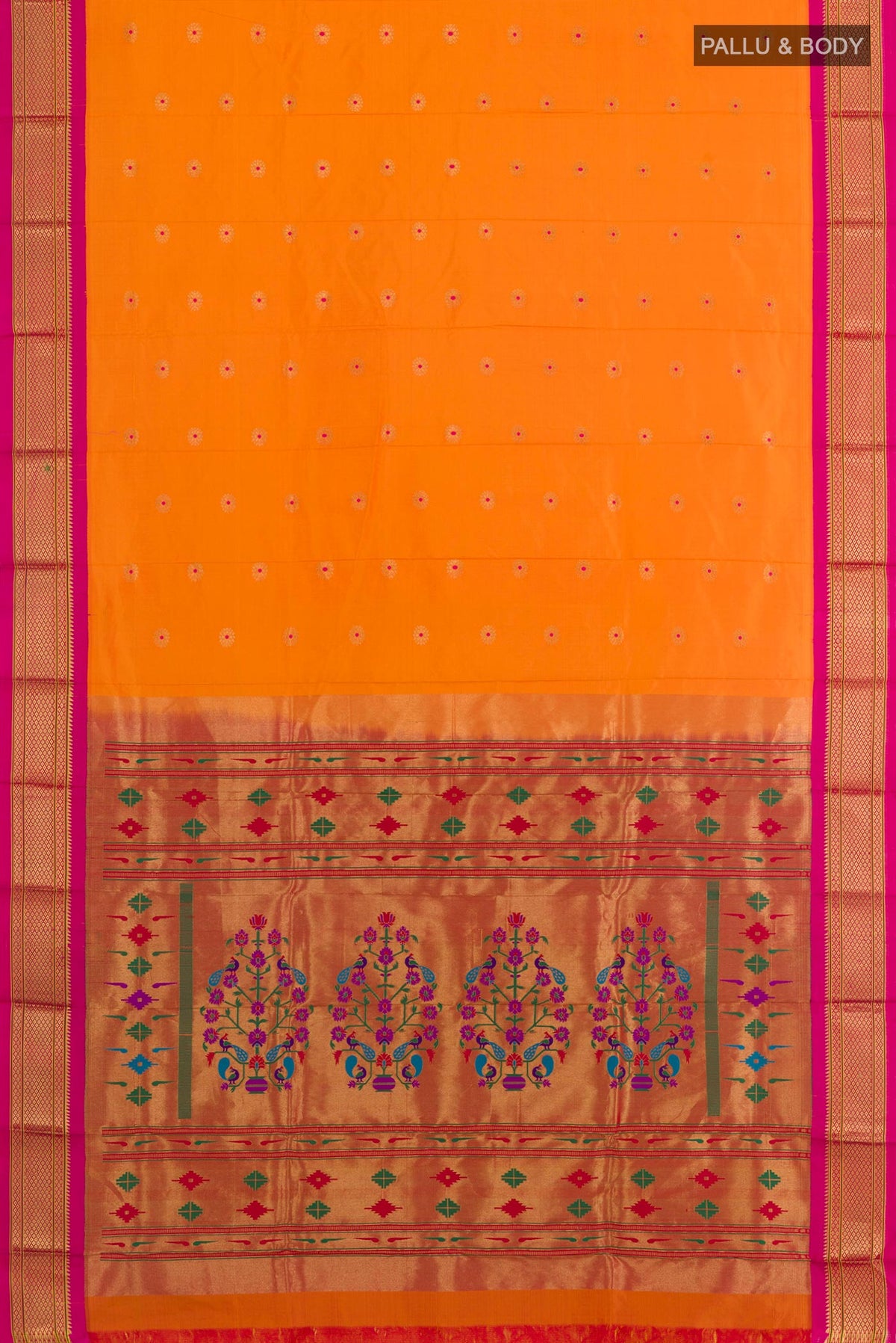 Flat view of Orange Gadwal Silk Saree with Zari Butta on the body and Zari Border. 