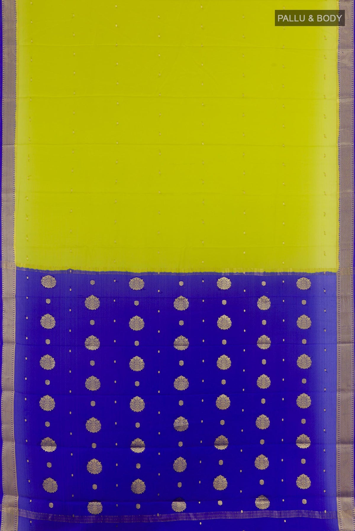 Flat view of Green Mysore Silk Saree with Zari Butta on the body and Zari Border. 