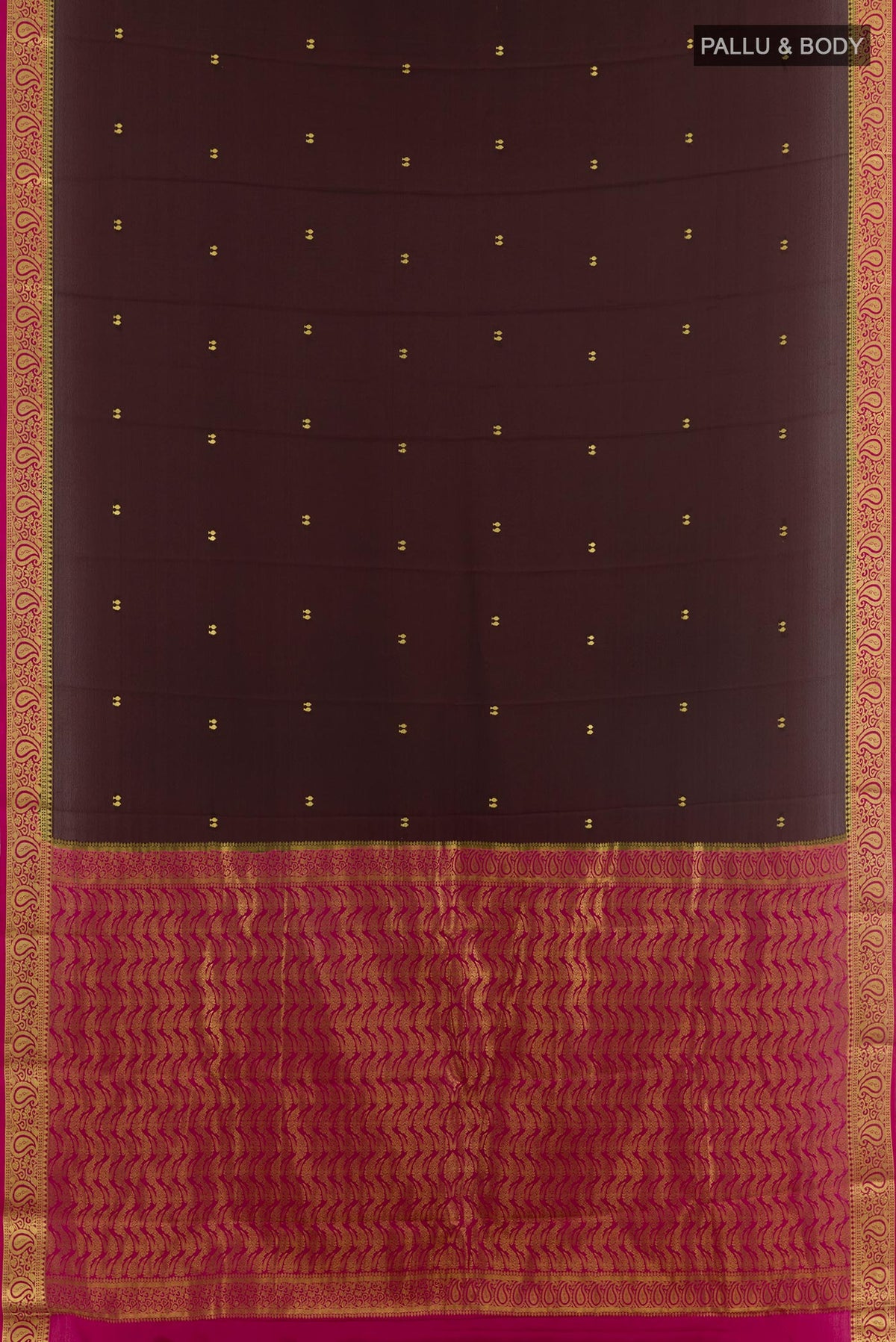 Flat view of Brown Mysore Silk Saree with Zari Butta on the body and Zari Border. 