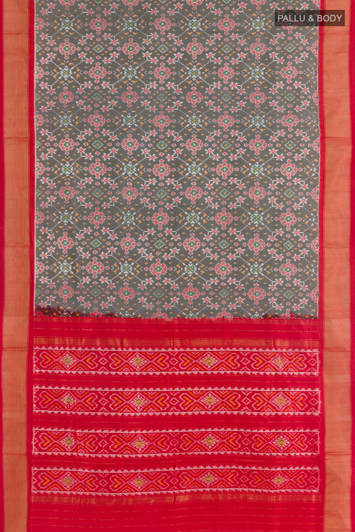 Flat view of Black Rajkot Patola Silk Saree with Pure Ikat on the body and Zari Border. 