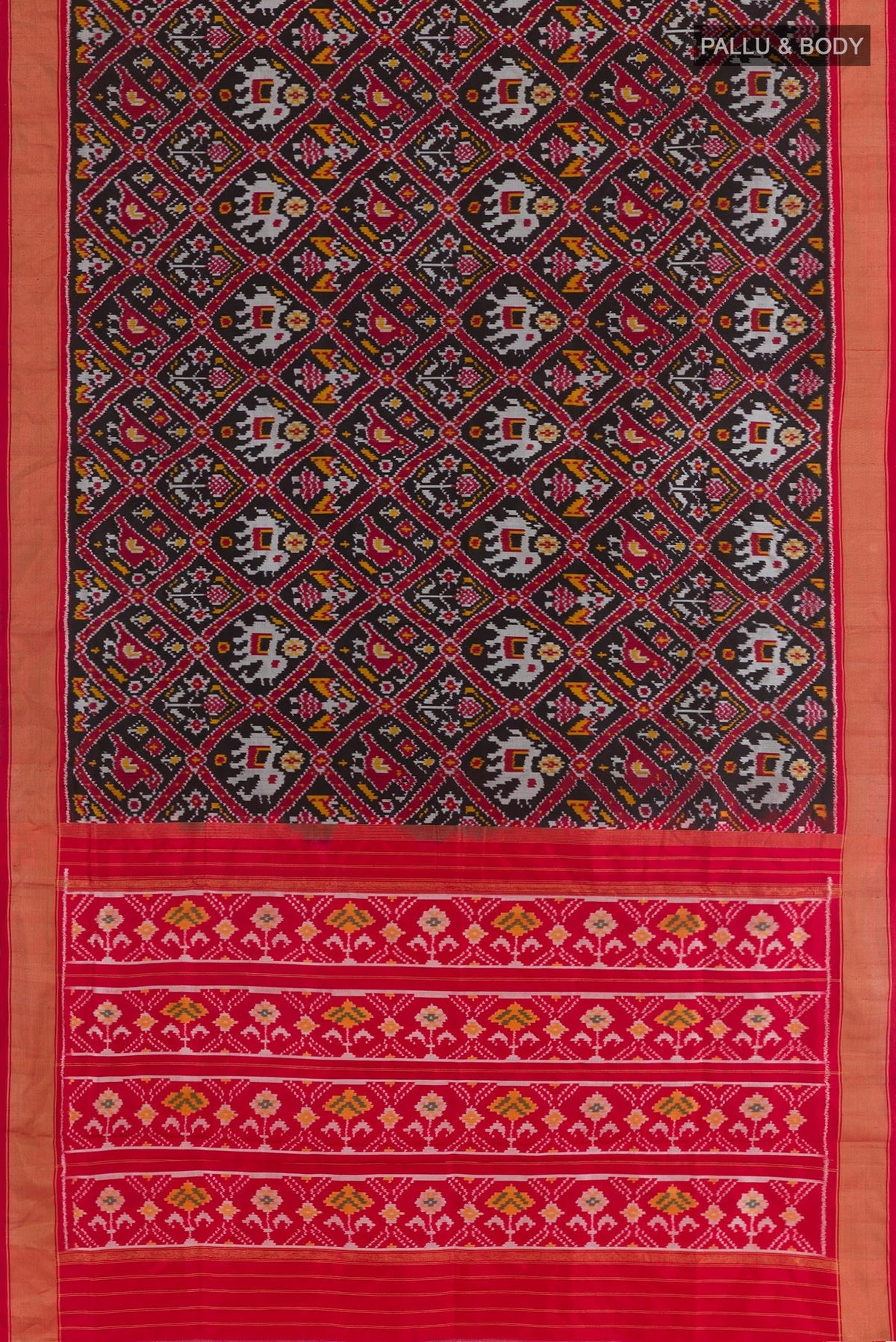 Flat view of Black Pochampally Silk Saree with Pure Ikat on the body and Zari Border. 