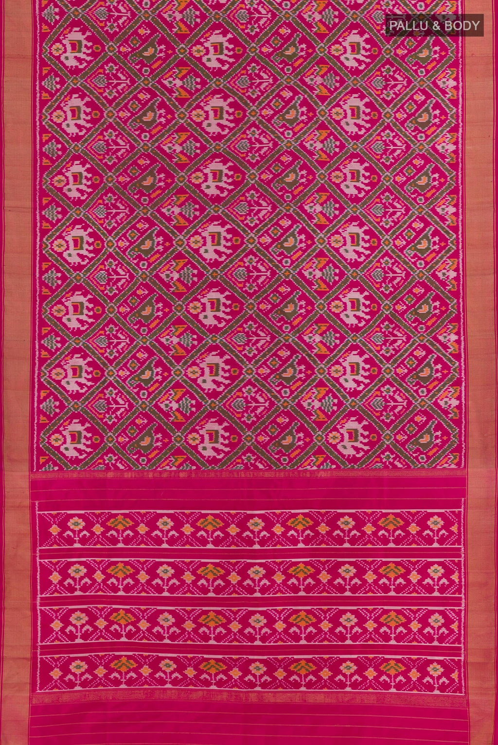 Flat view of Pink Pochampally Silk Saree with Ikat design on the body and Zari Border. 