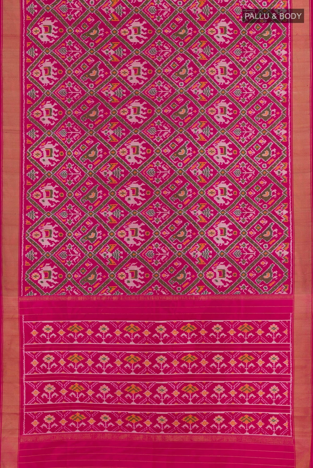 Flat view of Pink Pochampally Silk Saree with Ikat design on the body and Zari Border. 