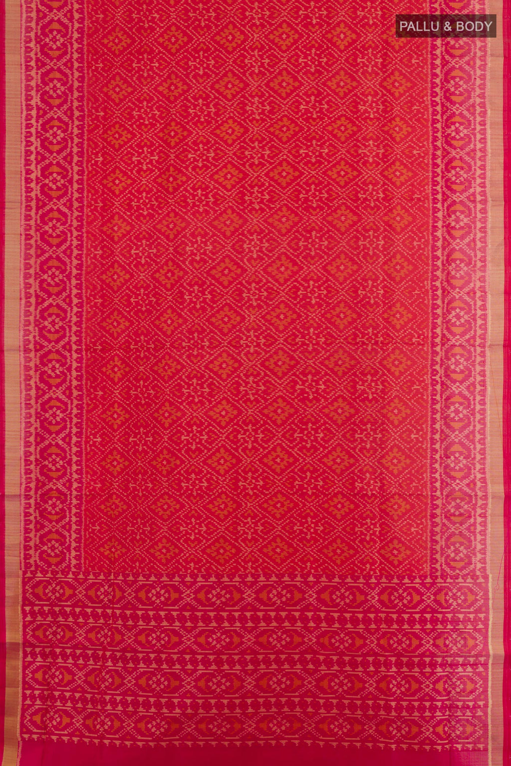 Flat view of Red Rajkot Patola Silk Saree with Ikat design on the body and Zari Border. 